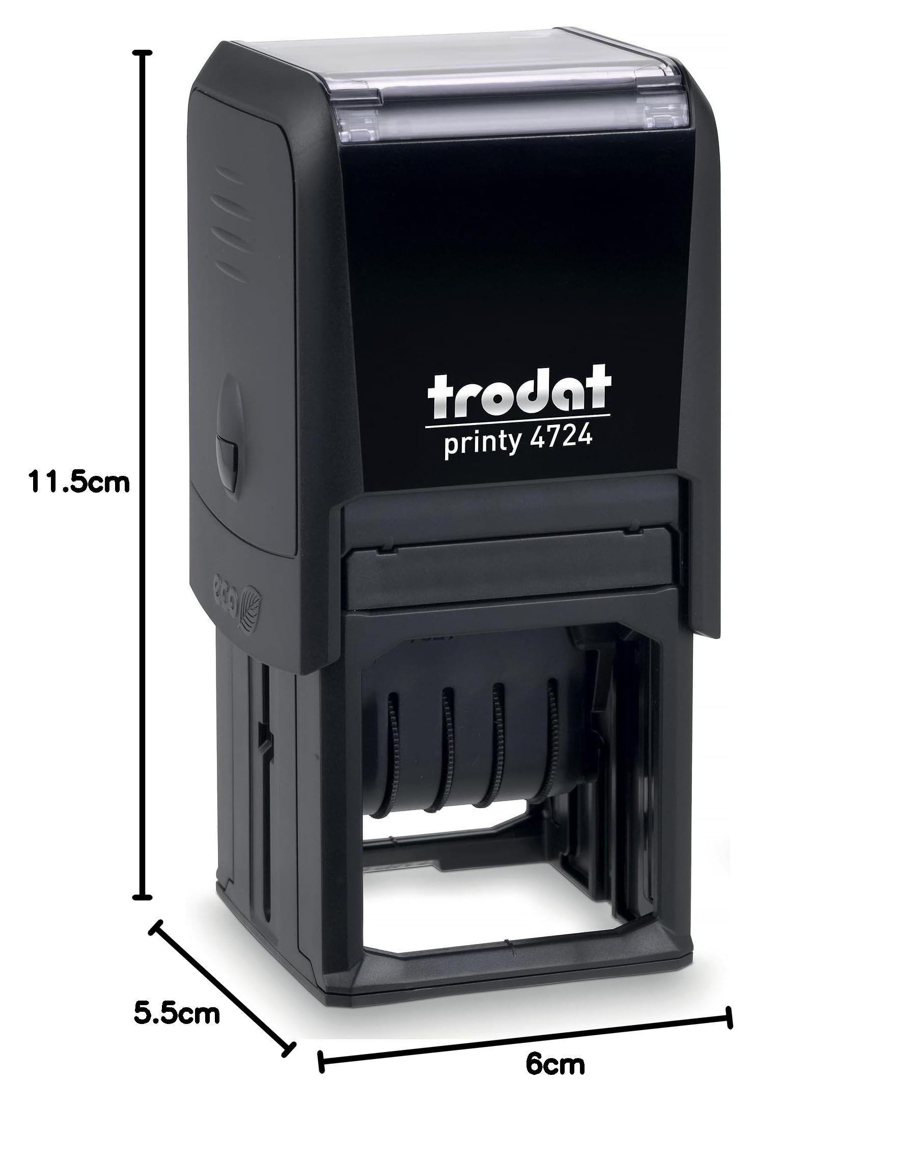 Trodat Printy 4724 Timbro Datario con Testo Personalizzato, Autoinchiostrante, Max 3+3 righe, Data Centro, Impronta 40x40 mm, Colore Nero, Cartuccia Inchiostro Verde, Contabilità, Ordini, Logistica