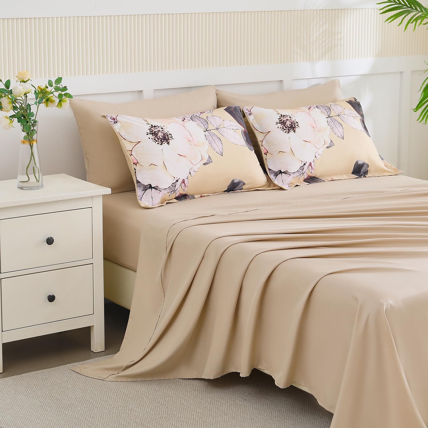 Yogeneg King Size Comforter Set 7 Piece Bed in a Bag,White Black Floral Botanical Pattern Khaki Bedding Set,Soft Microfiber Comforter with Sheet Set,All Season Bed Set(Khaki,King) - Image 4