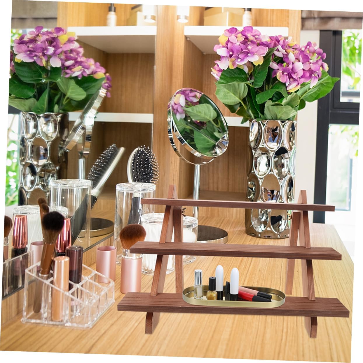 Rustic Wooden Plant Stand Stylish Tabletop Display Shelf for Flowerpots Multi-purpose Wood Storage Rack for Home Decor and Organizing Plants and Accessories