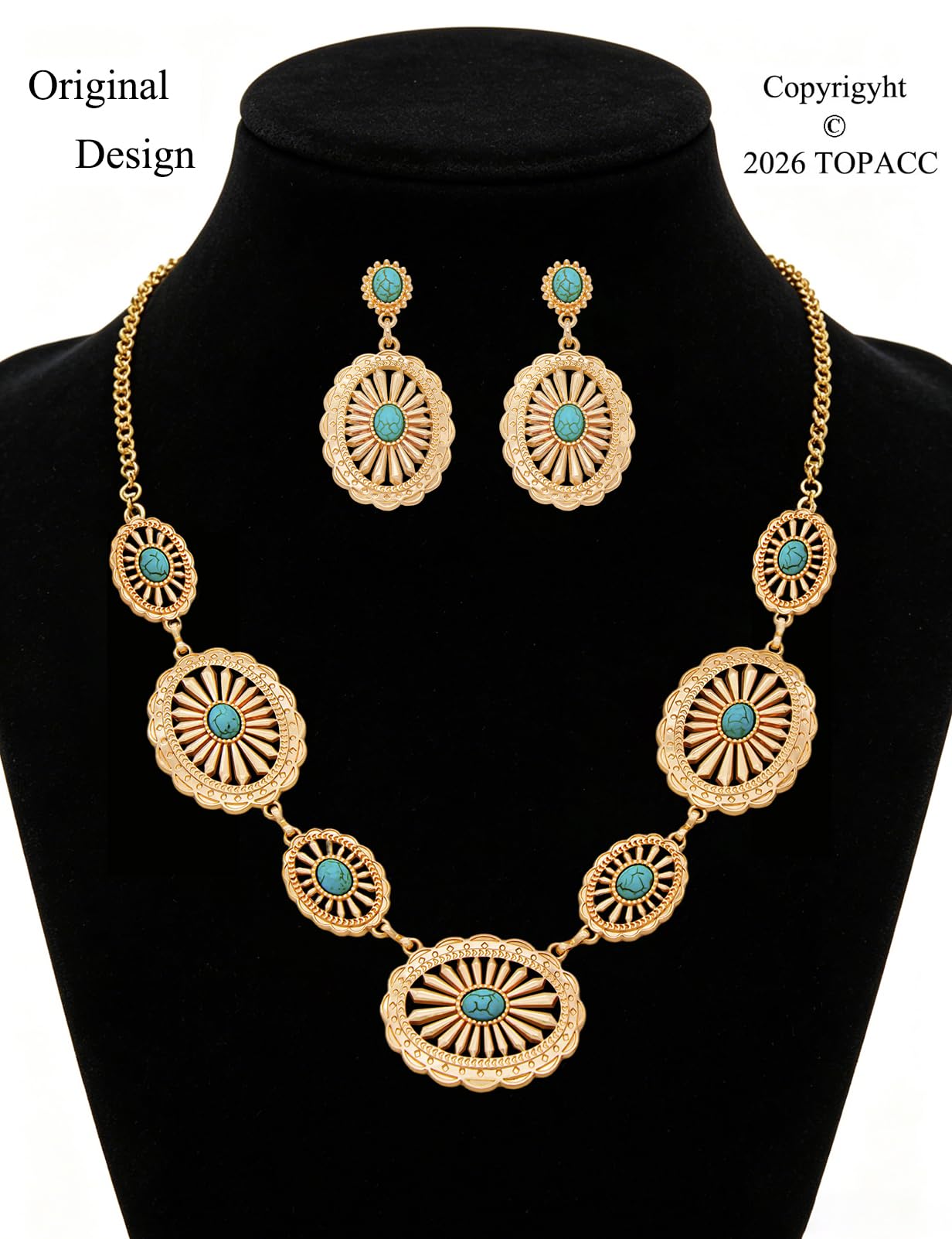 TOPACC Set di gioielli occidentali da donna turchese vintage western collana con orecchini gioielli cowgirl per concerto country outfit oro