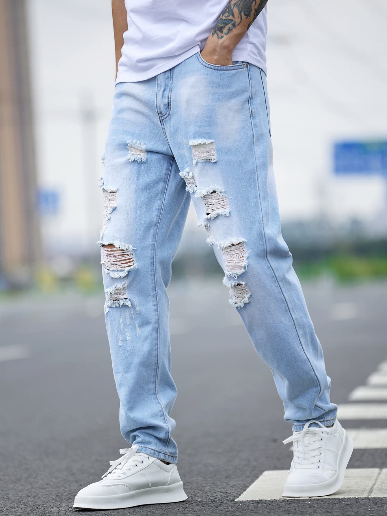 DEOTSY Print Jeans Men Ripped Frayed Cut Out Bleach Wash Jeans (Color : Light  Wash, Size : M) : Buy Online at Best Price in KSA - Souq is now Amazon.sa:  Fashion