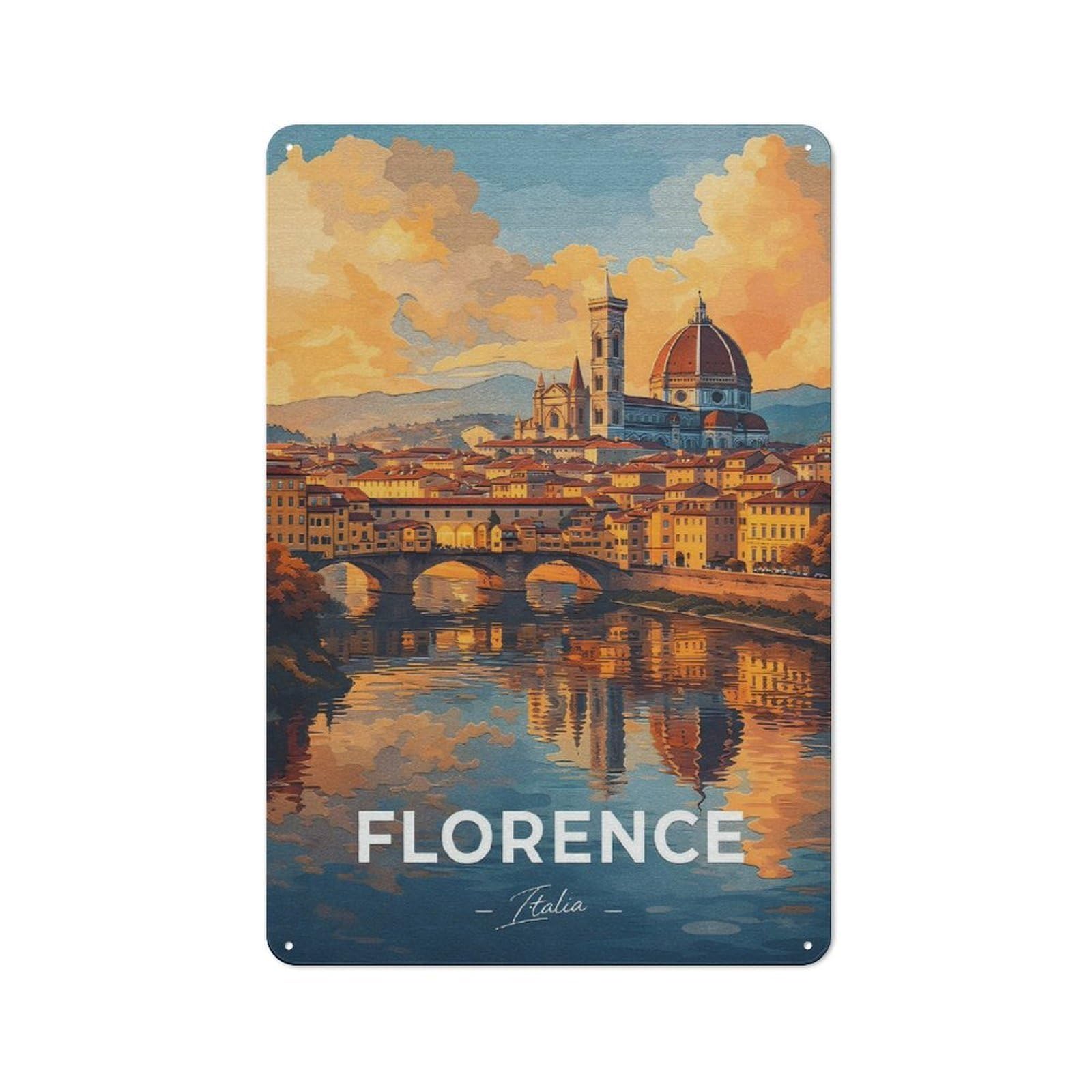 Junmoney Style-17 Florence Cityscape With Ponte Vecchio Rustic Metal Wall Sign 30X20cm For Workshop Wall, Suited To Makers And Diy Enthusiasts