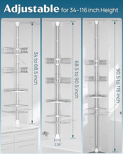Miniatura 2 de SElRIONE - Poste de tensión esquinero para regadera, instalación rápida, organizador de ducha de baño sin óxido para almacenamiento de champú en la