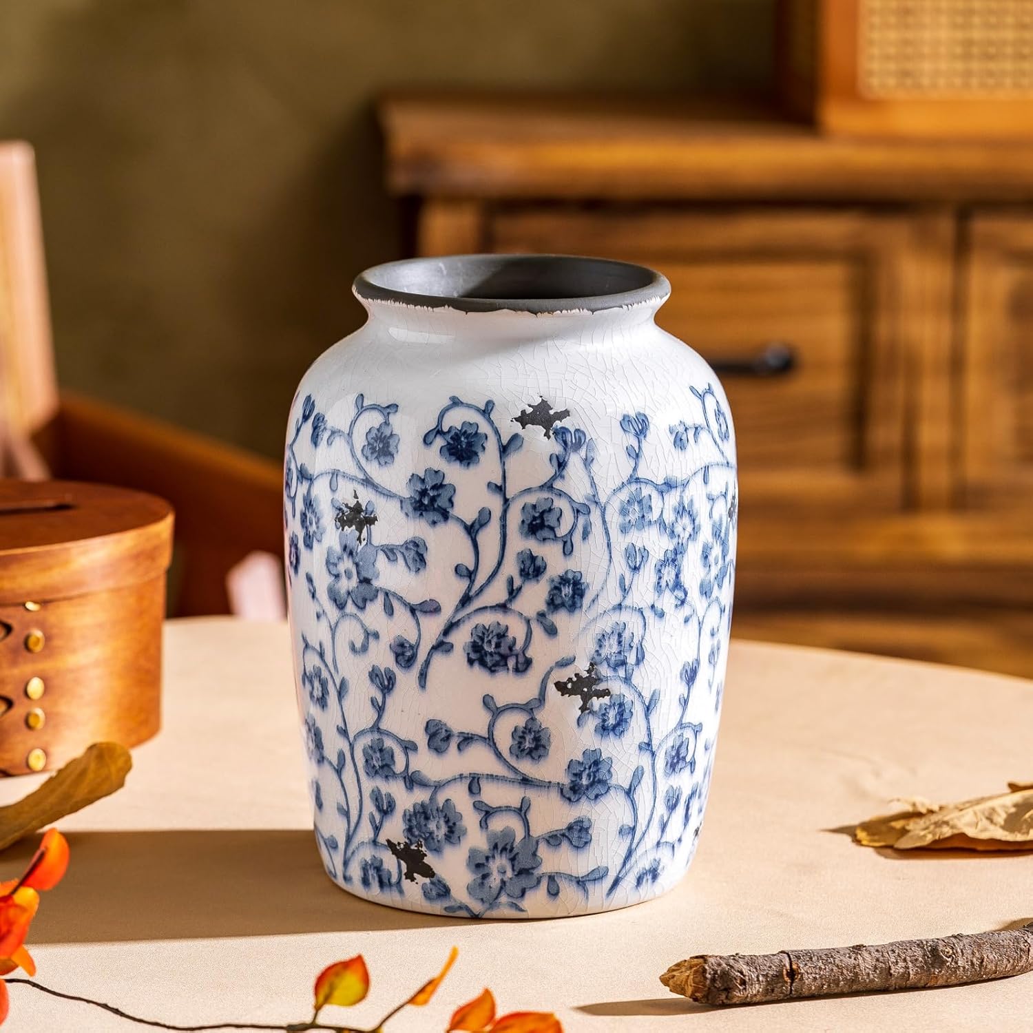 Blue and White Ceramic Vase, Vintage Rustic Ceramic Antique French Vases for Flowers, Farmhouse Decorative Vase for Living Room, Bedroom, Dining Table 7.8 Inch - Image 8