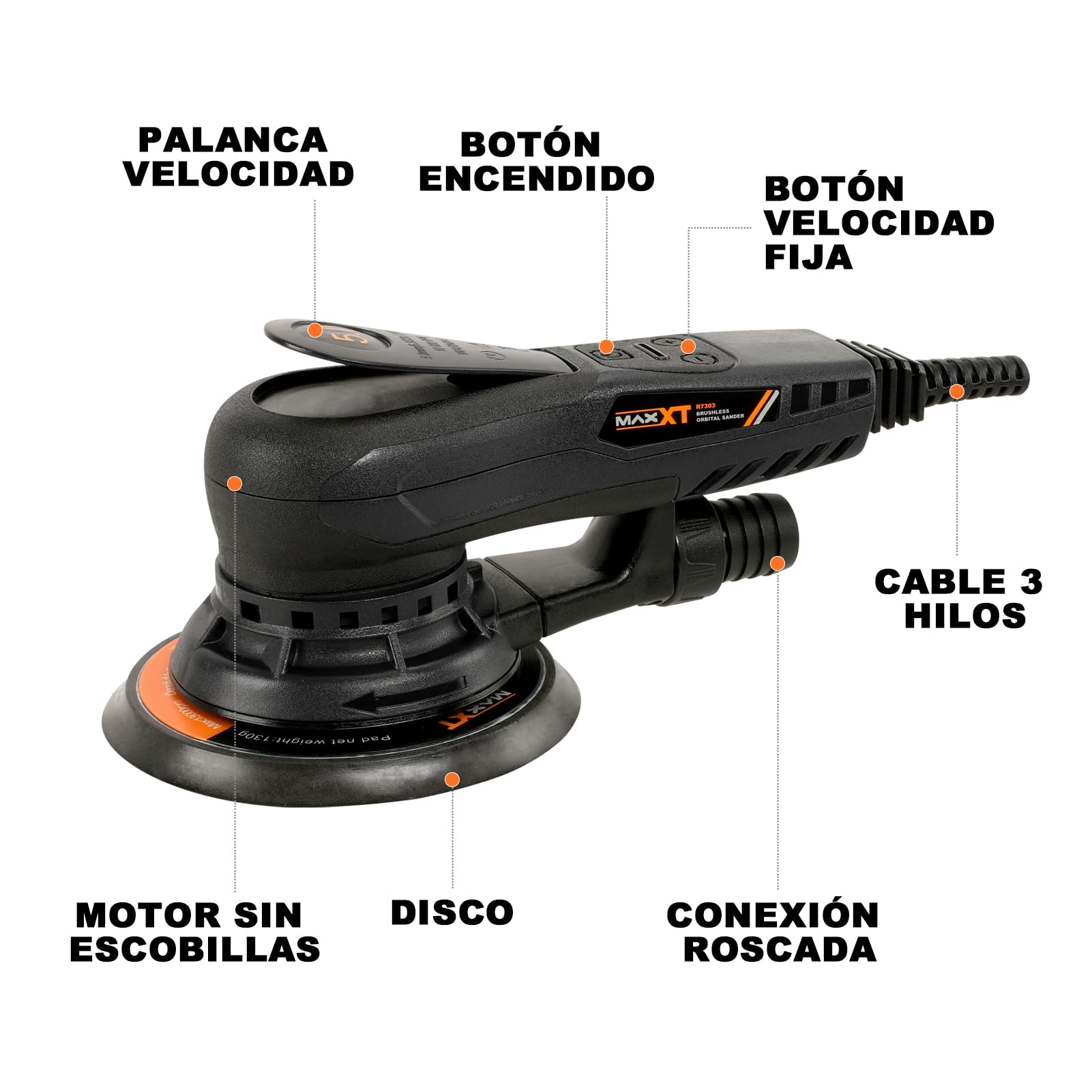 MAXXT Lijadora orbital sin escobillas 350W, Lijadora excéntrica 5.0， disco de 125mm&150mm, 4000-10000RPM(6 velocidades ajustables) Freno automático-2s, y 20 hojas de papel de lija