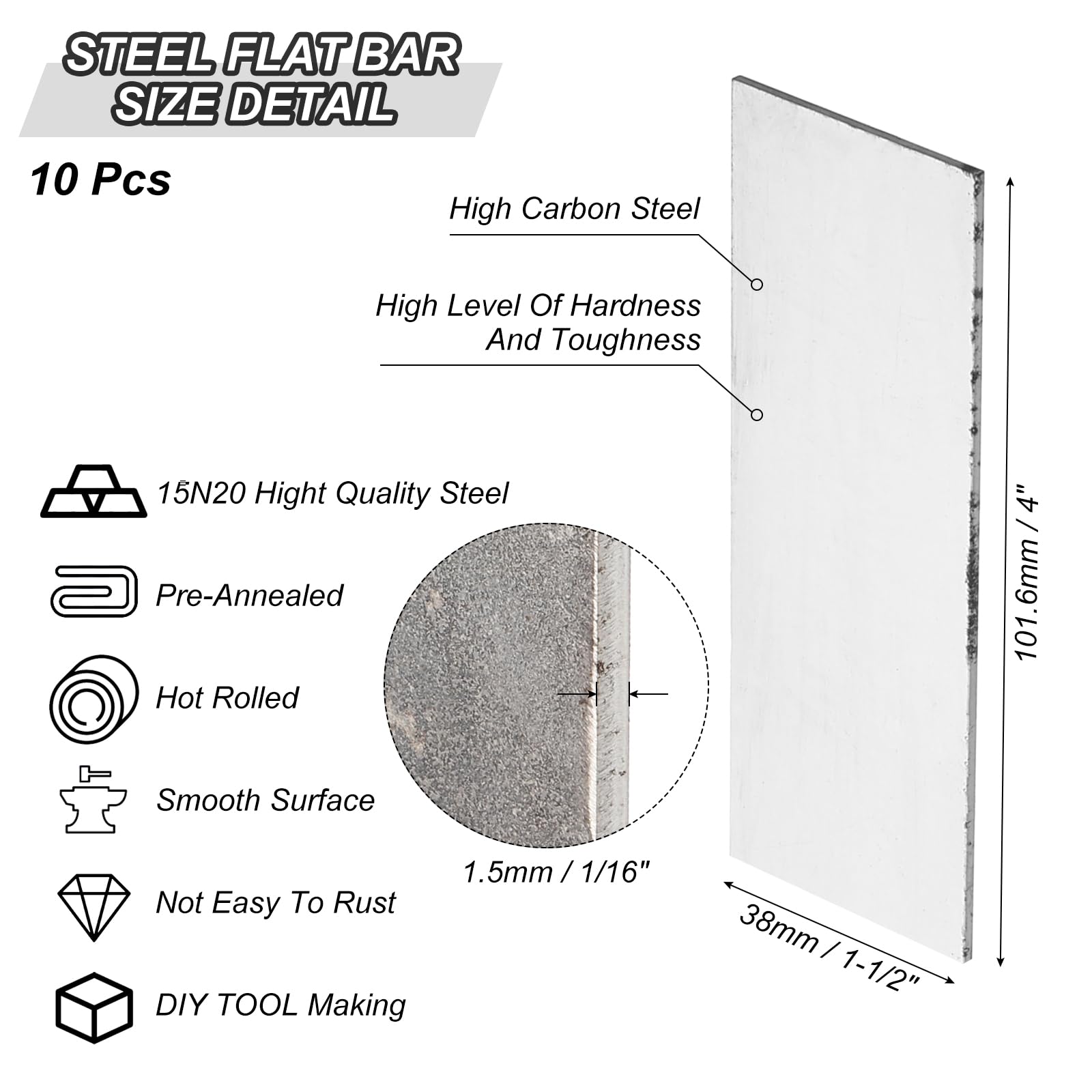 PATIKIL Zestaw 10 sztuk stalowych 15N20 do produkcji noży, 4" x 1 1/2" x 1/16" blacha stalowa do blachy blachowej DIY, do zastosowań profesjonalnych i hobbystycznych