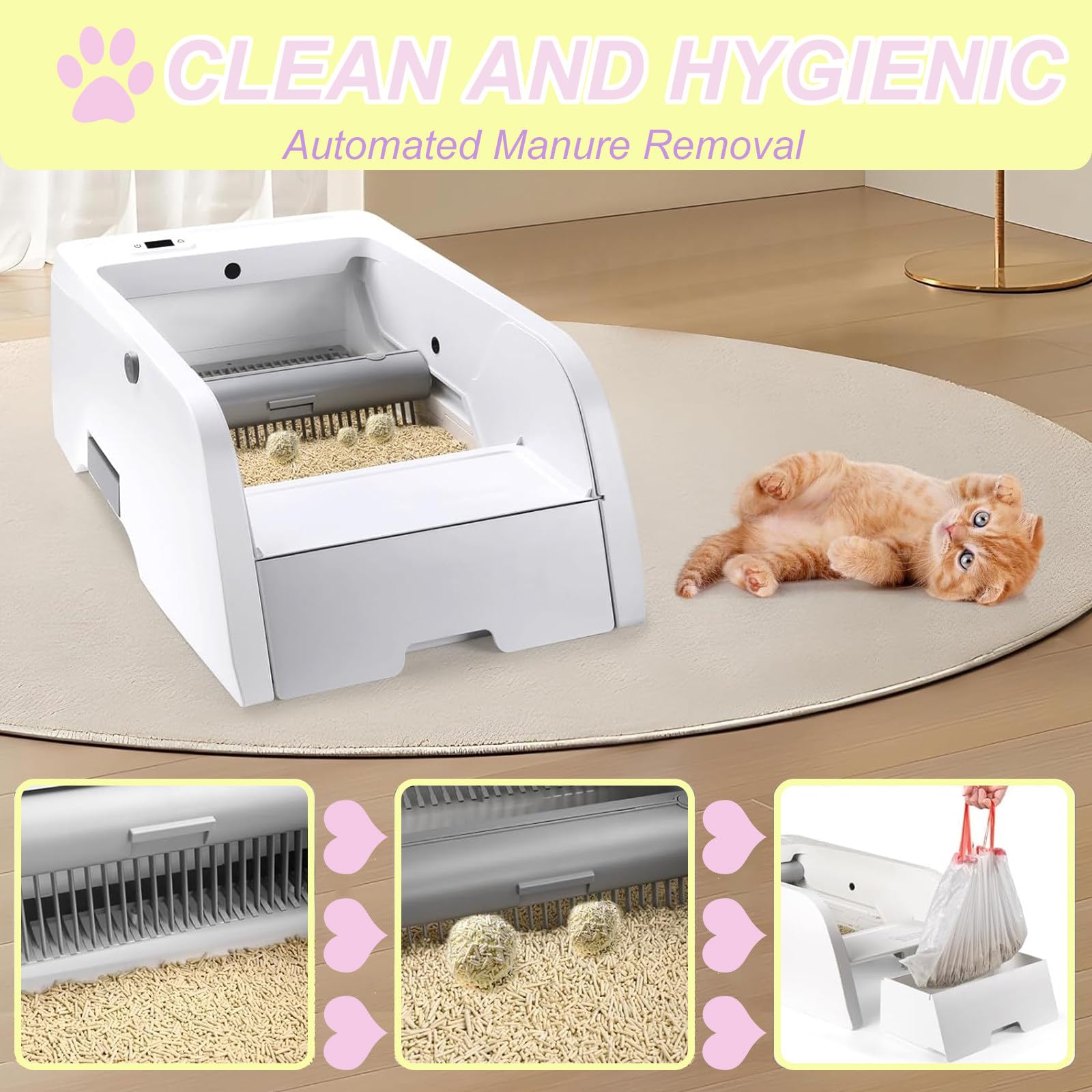Elektrische Selbstreinigende Katzentoilette Katzentoilette, Automatische Roboter-Katzentoilette, Mit App-Steuerung/Oben Offen/LadegeräT/MüLlbeutel/Kamera/GeräUscharmer Betrieb