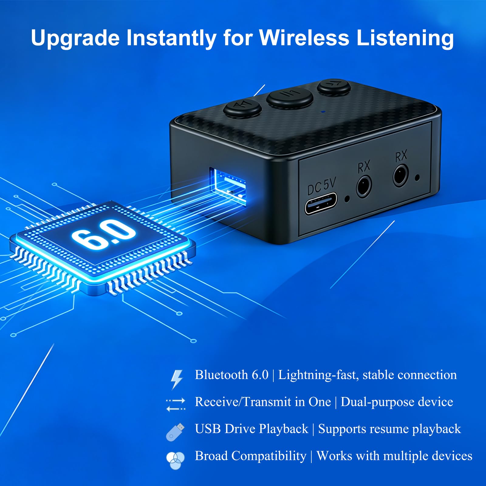 Adaptador Audio Bluetooth 6.0 Transmisor & Receptor 2-en-1,Bluetooth Adapter Receiver Transmitter,para Coche,TV,Altavoces & Cadena de Música con RCA,Cables AUX 3.5mm & RCA,Reproducción USB