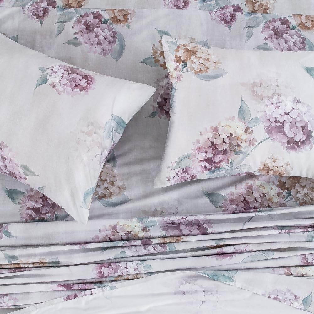 DAUAOTO Twin XL Cotton Sheets Set Printed Bedding Sets, Up to 14" Deep Mattress, Floral Pattern Bedlinen for Twin Extra Long Bed, Hydrangea Gray Lilac