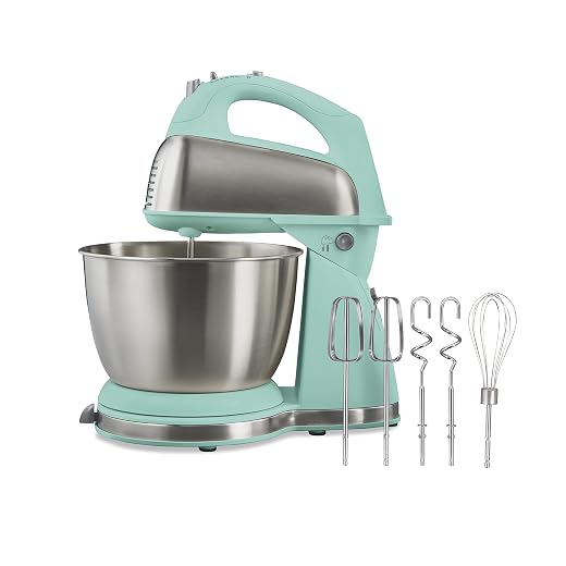 Hamilton Beach Classic Stand and Hand Mixer, 4 Quarts, 6 Speeds with QuickBurst, Bowl Rest, 290 Watts Peak Power, Blue (64658)