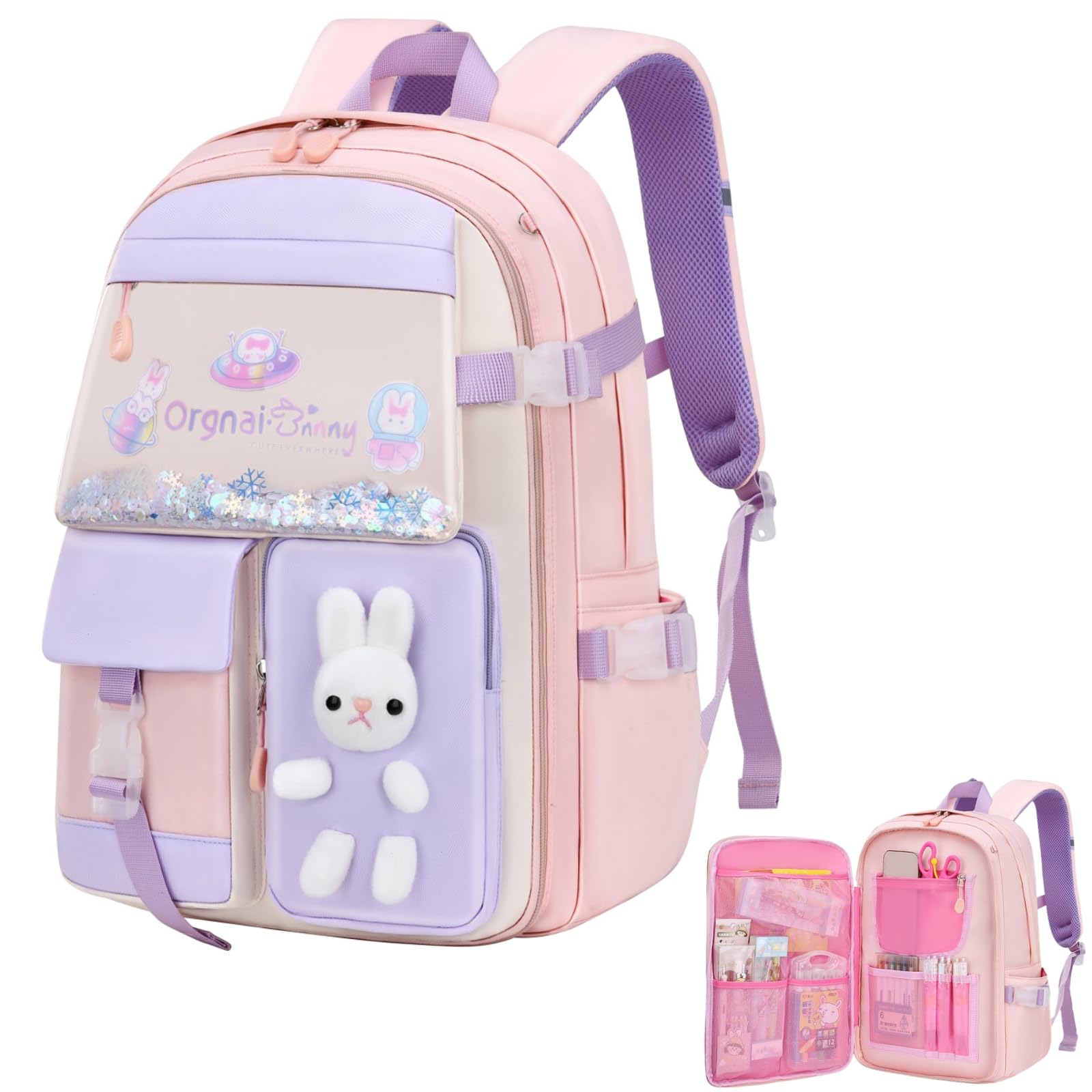 Accrue Lindo Mochila Niña Conejito,Mochila Escolar Estética Niña,Mochila de Escuela Primaria Preescolar de Gran Capacidad para los Grados 3-6 Bolsas