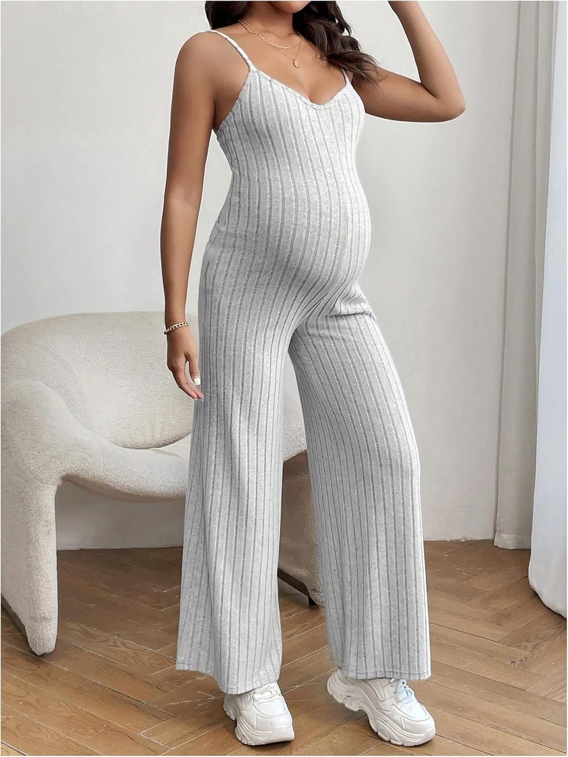 OYOANGLE Women's Maternity V Neck Spaghetti Strap Ribbed Knit Long Pants Jumpsuits - Image 3