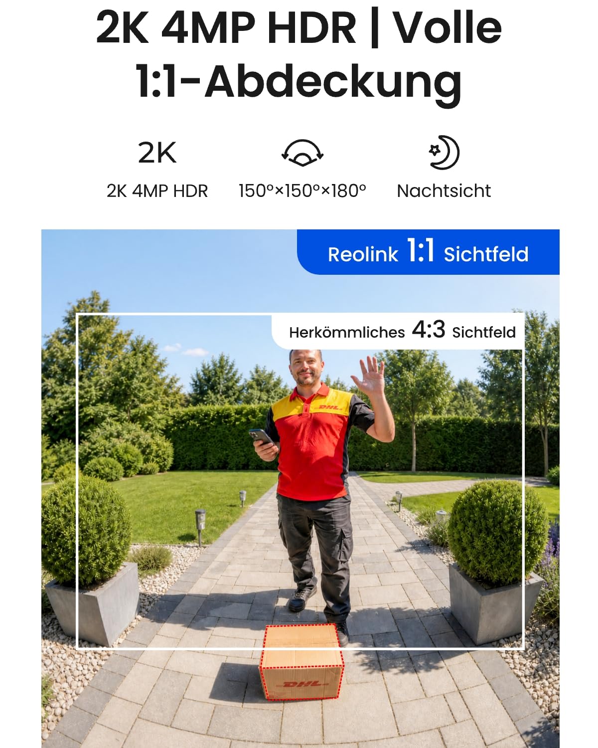 Reolink Akku Türklingel mit Kamera (2. Gen), 2K 1:1 Ansicht, 2 Betriebsmodi | 1:1 Kopf‑Fuß‑Ansicht, Kabellos & Kabelgebunden, 2,4&5GHz Wi-Fi, Lokalspeicher ohne Monatsgeb, KI-Erkennung, Rich-Notification