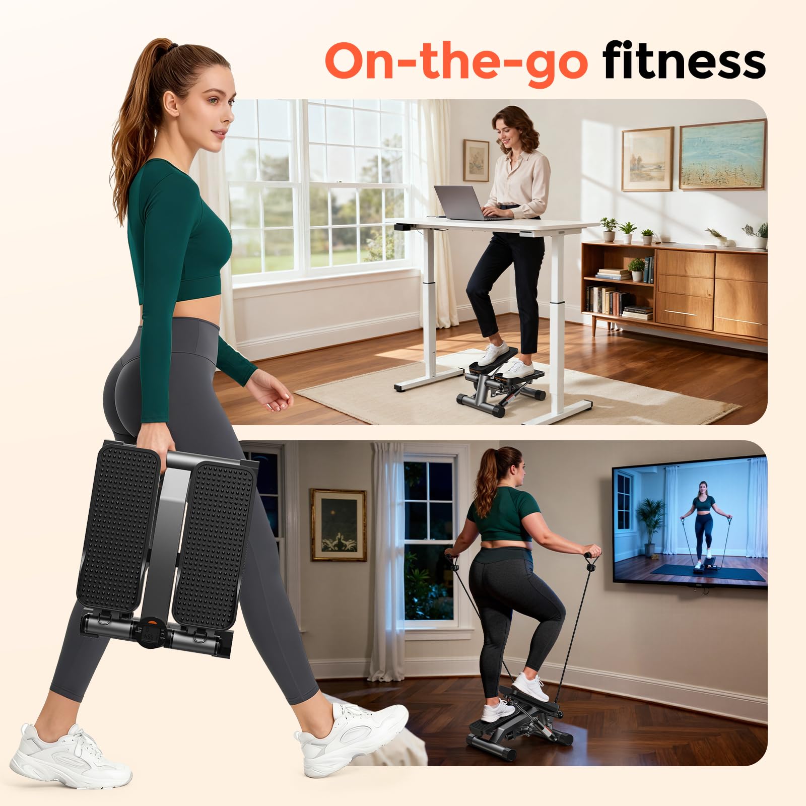 Sportsroyals Stepper Fitness 3in1 | Mini Stepper Fitness Casa con Bande di Resistenza + Monitor LCD, 150 kg (01-Improved Stepper)