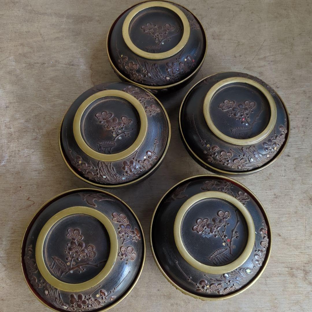 骨董 大振り 明治大正期 会津塗 鉄錆塗 蒔絵 富士山 木製 蓋付 梅