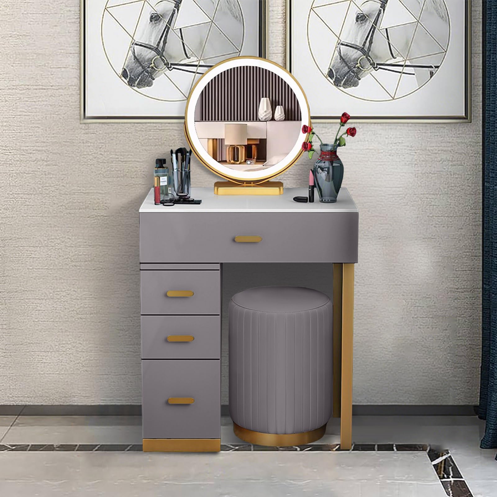 Zestaw toaletki z lustrem i stołkiem biurko do makijażu z 4 szufladami do przechowywania meble do sypialni dla dziewcząt stylowa toaletka do dekoracji domu nowoczesna stacja do makijażu