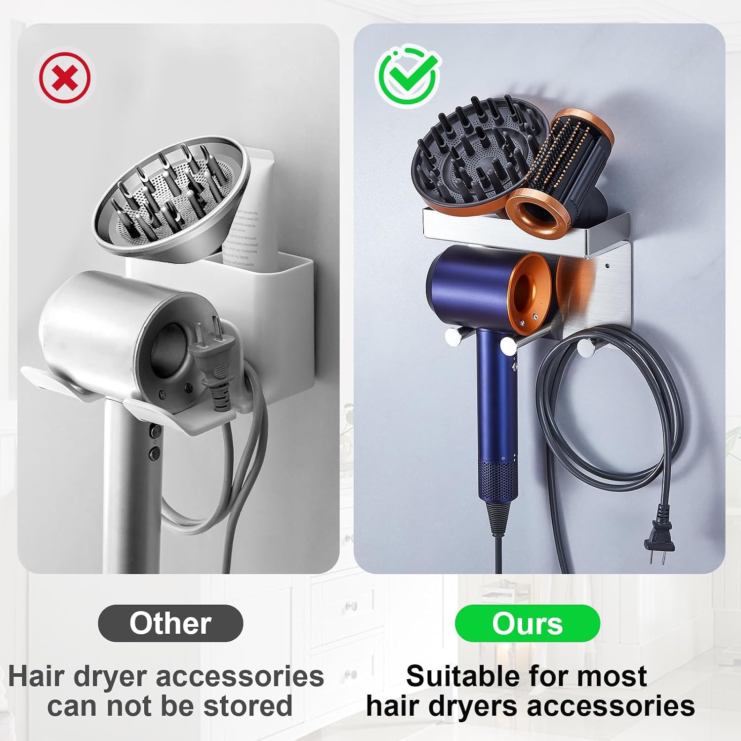 Hair Dryer Holder Wall Mounted, Stainless Steel Blow Dryer Holder for Attachments Storage, Hair Tool Organizer with Plug&Cord Hook, Adhesive Hairdryer Hanger for Bathroom, Silver