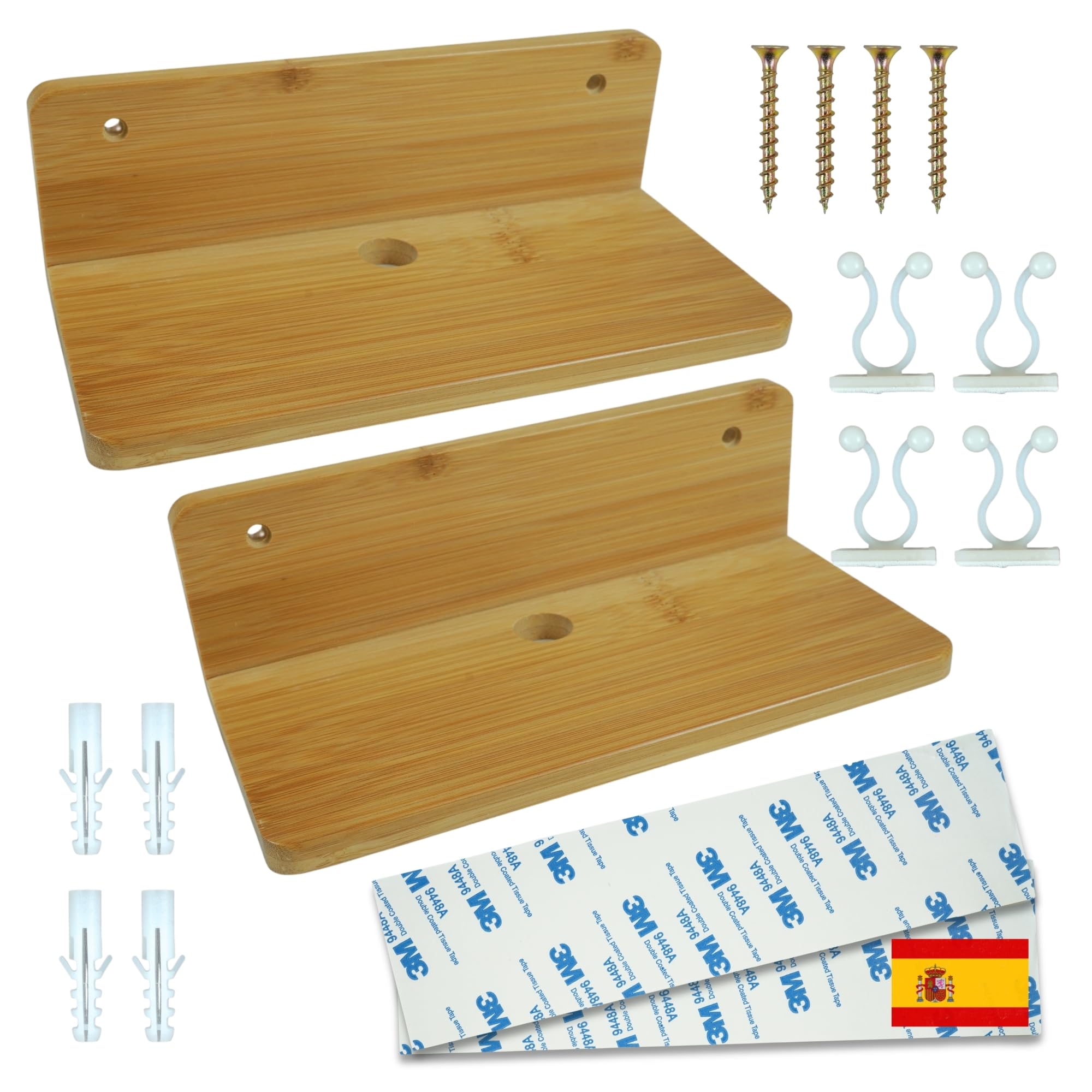 Agalet®️ 2 Baldas de Pared Sin Agujeros de Madera Bambu + 2 Adhesivos + 4 Tornillos con Tacos + 4 Clips Recoge Cables | Estanteria Adhesiva Sin Taladro | Estanterias Pared Sin Agujeros (22cm)