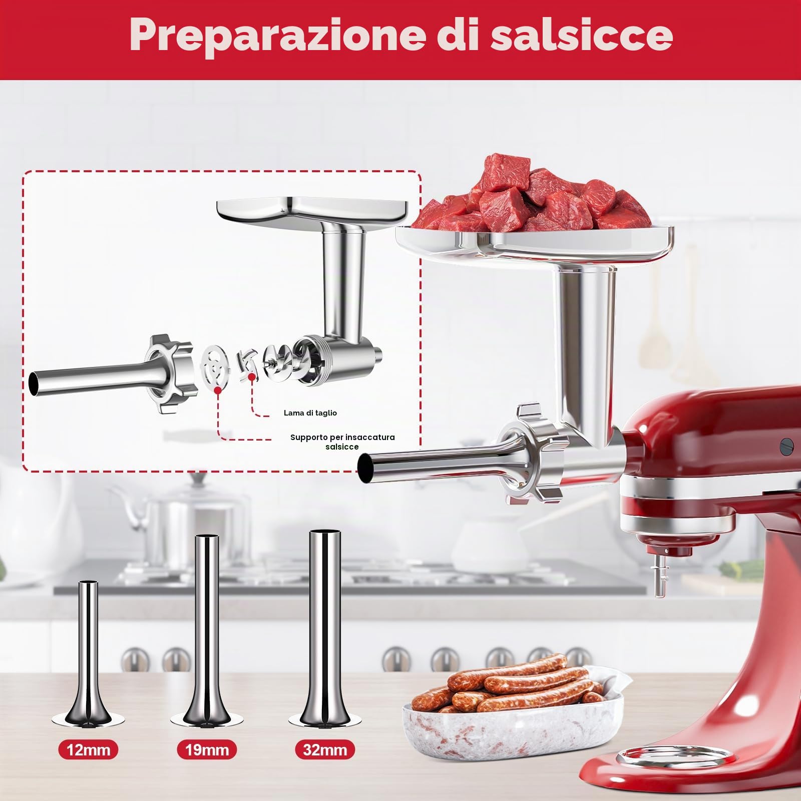 Attacco per tritacarne per Kitchenaid, Tritacarne per KitchenAid con 3 salsicce, Ricambi per tritacarne
