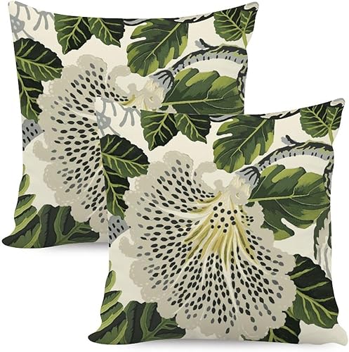 Juego de 2 fundas de almohada con diseño de flores blancas y verdes, color gris, negro, floral, verde, hojas, chinoiserie japonesa, para sala de