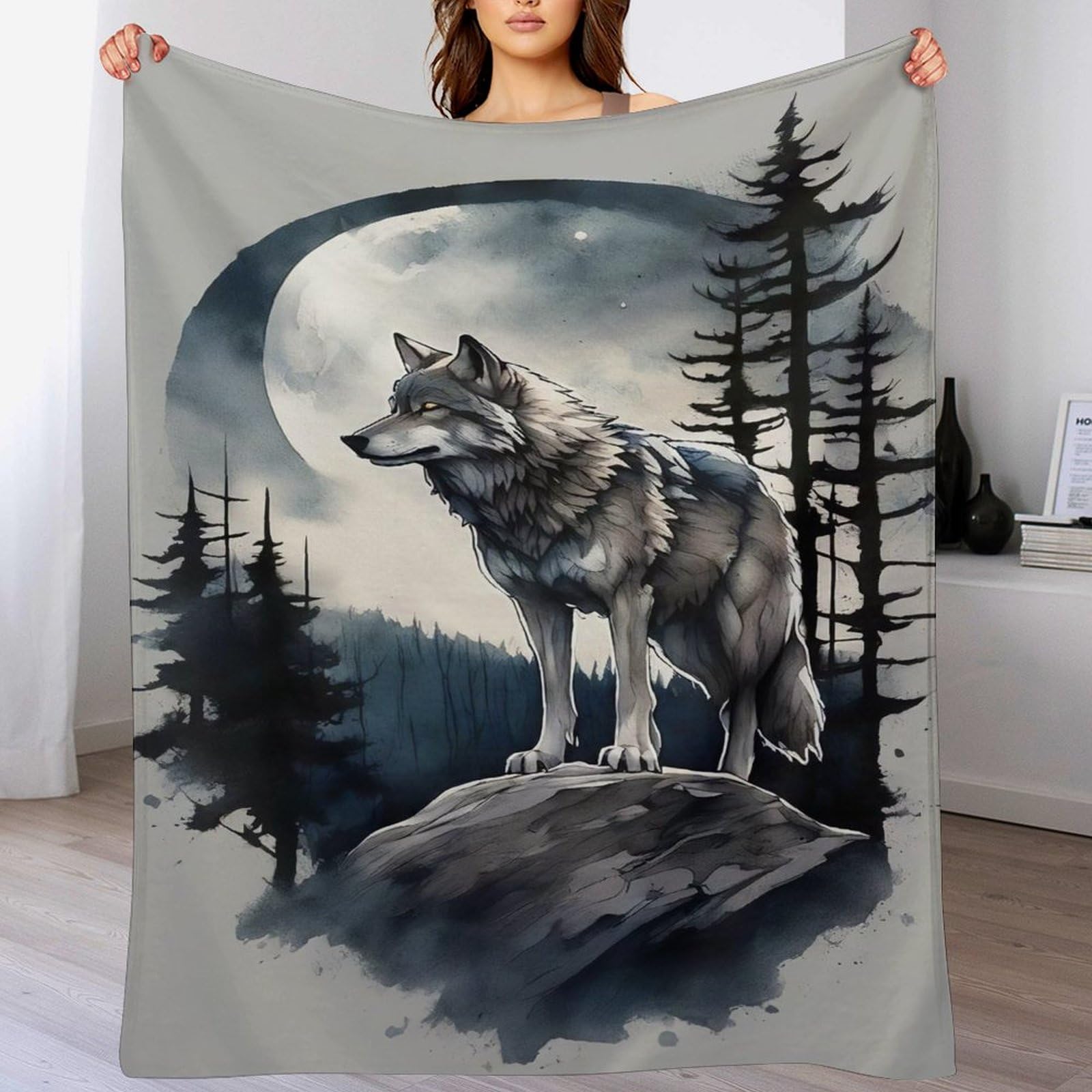 Couverture en flannel loup 150x200cm plaid polaire ultra doux