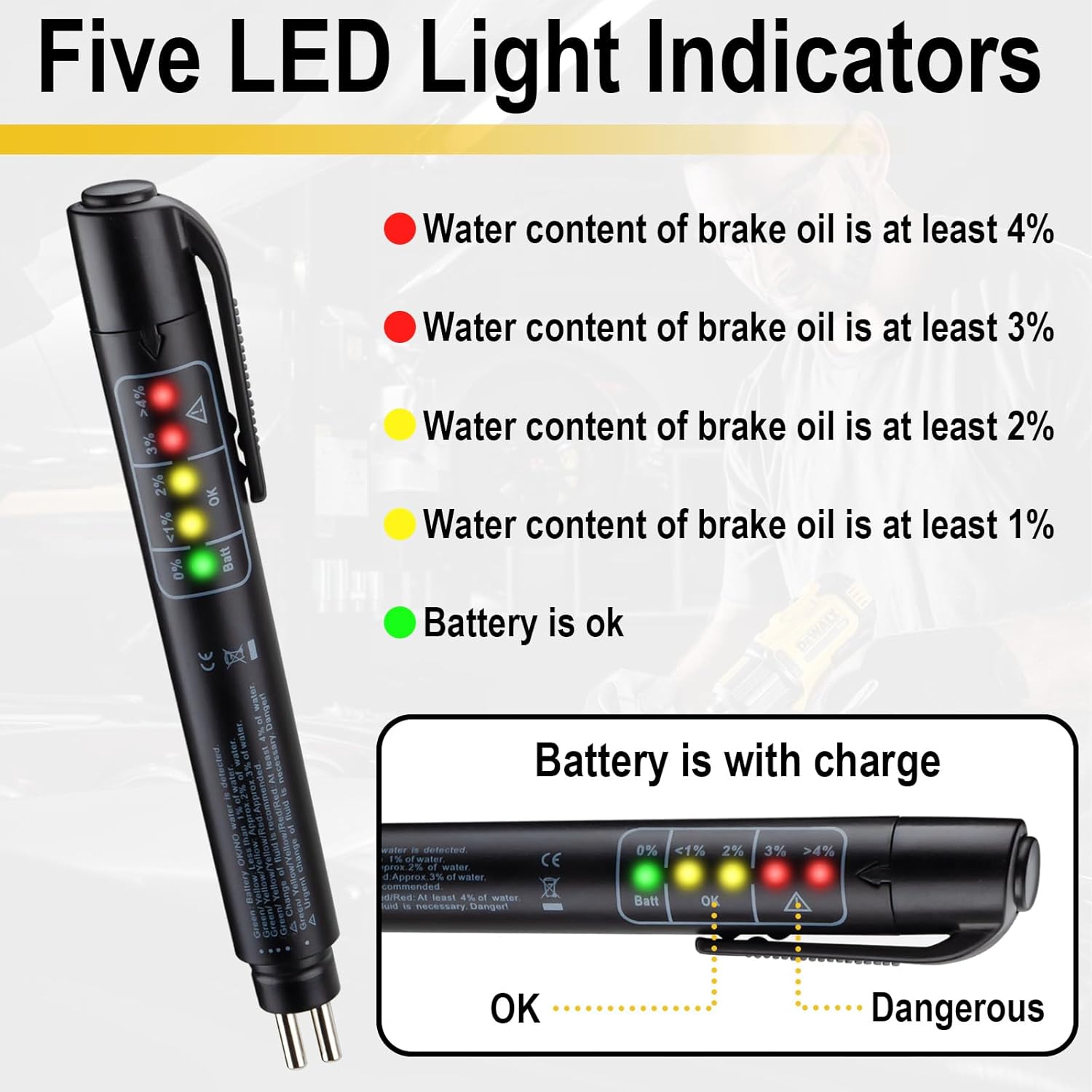 ecocstm Brake Fluid Tester, Brake Fluid Moisture Tester, Brake Fluid Liquid Tester Pen with 5 LED Indicators, Auto Brake Diagnostic Checker Tool for DOT3 DOT4 DOT5.1 Brake Fluid