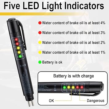 ecocstm Brake Fluid Tester, Brake Fluid Moisture Tester, Brake Fluid Liquid Tester Pen with 5 LED Indicators, Auto Brake Diagnostic Checker Tool for DOT3 DOT4 DOT5.1 Brake Fluid