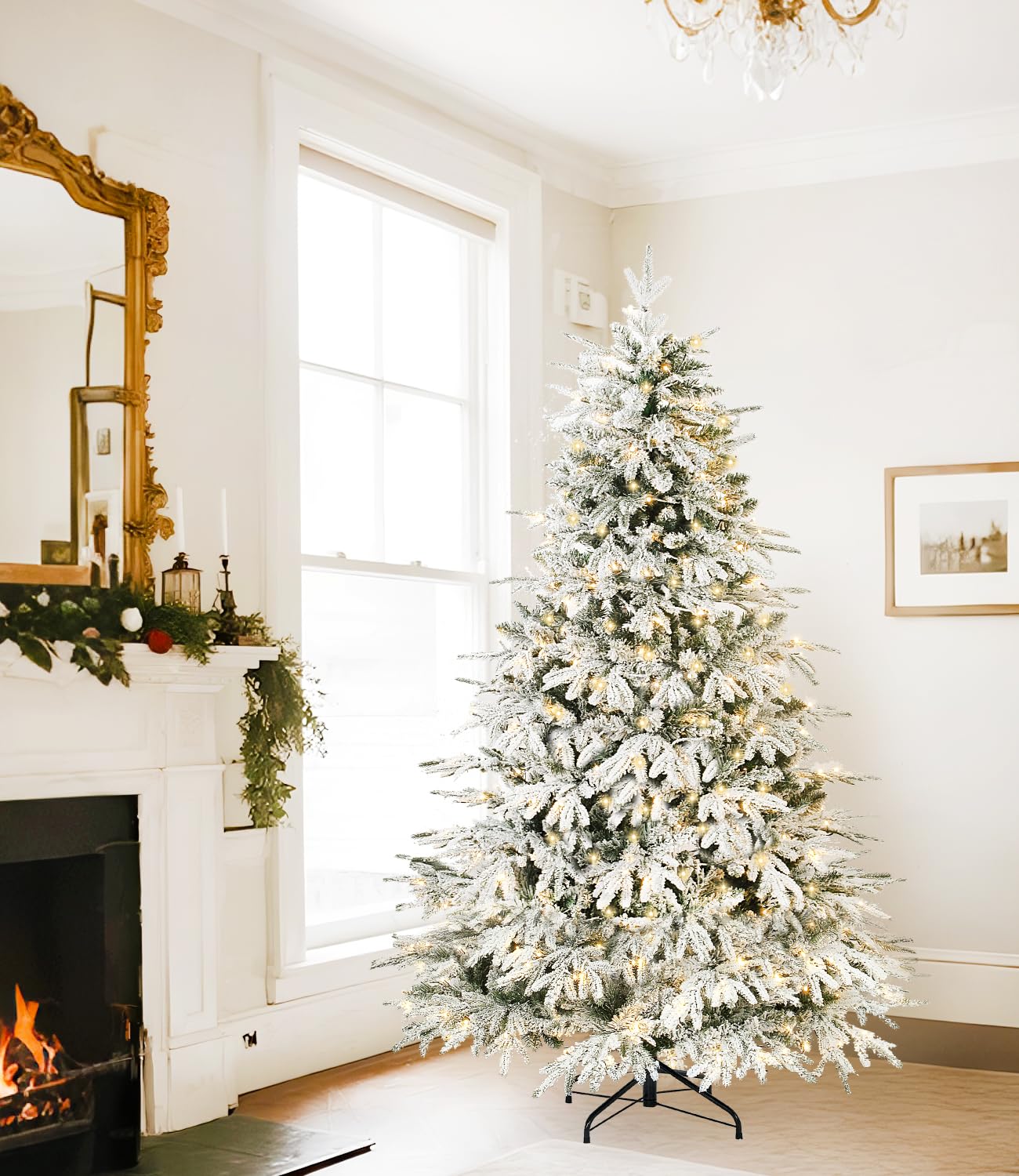 DEWUR Sapin de Noël Artificiel avec éclairage et Neige, Support en métal