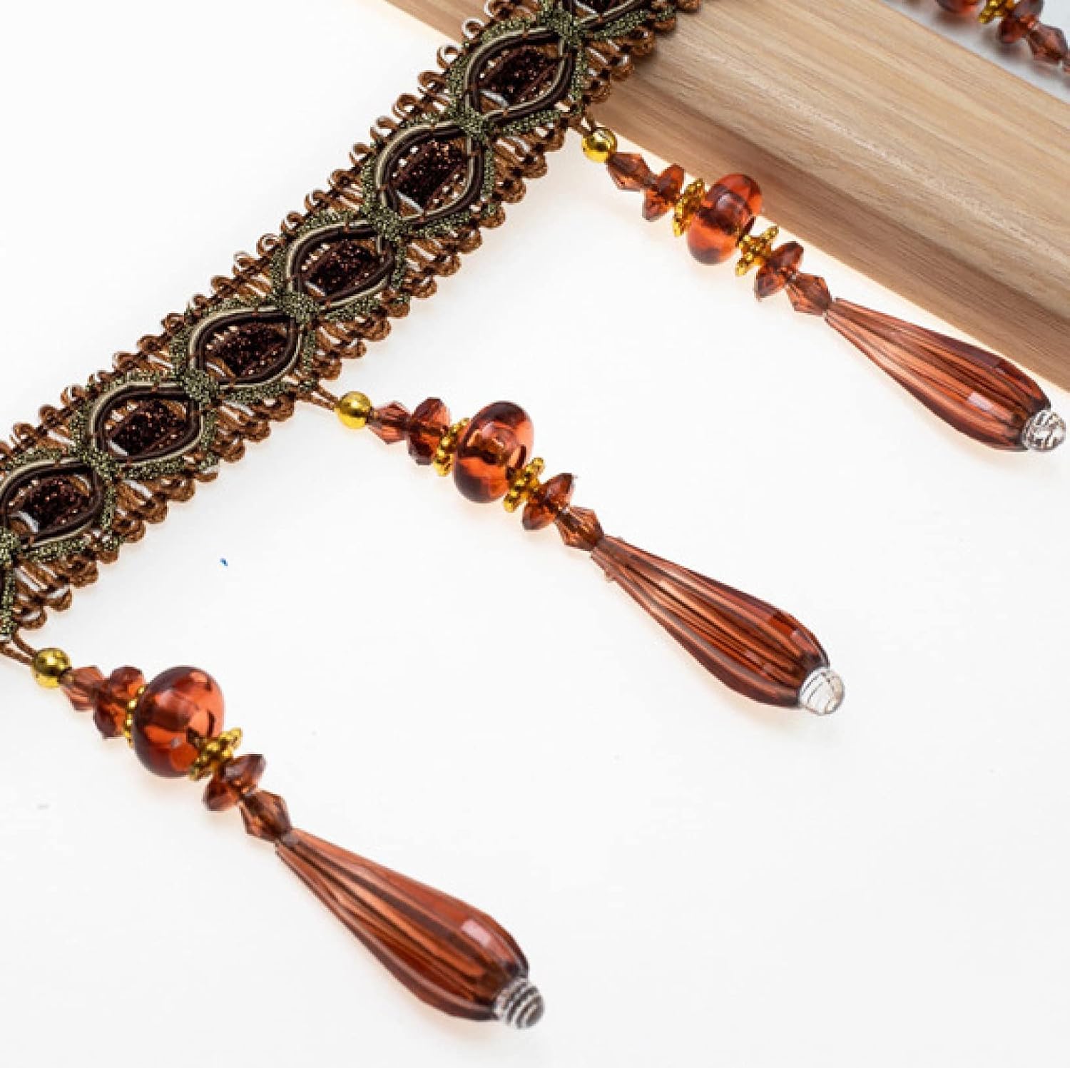 Curtain Tassels，Tassels for Sewing， 12 Yards Braided Hanging Beads Trim Fringe Curtain Tassel Sewing Accessories Crystal Pendants Home Table Sofa Decor(Dark Brown)