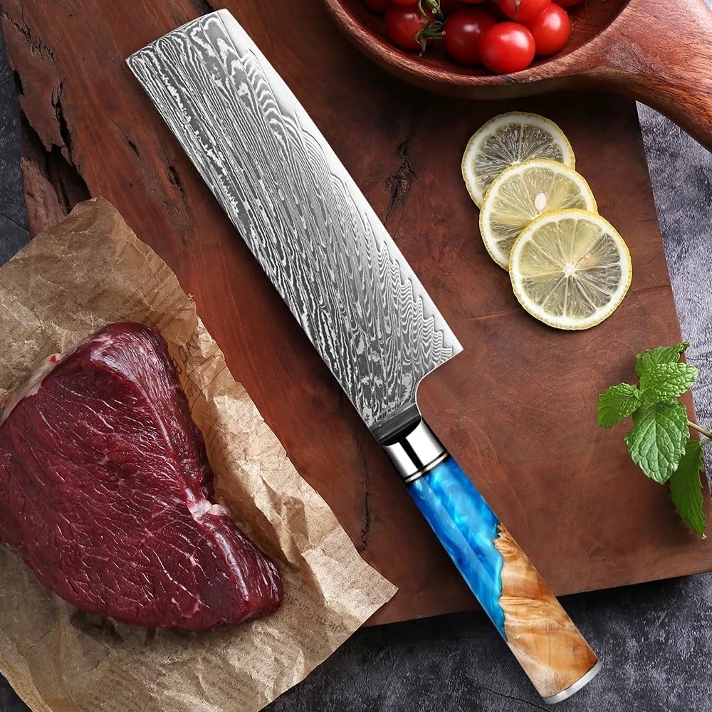 Damascus Nakiri Knife 7 inch, Professional Chef Knives set, Sharp Kitchen Knife set, Hand Forged 67-Layers High Carbon Stainless Steel Cooking Knife for Meat & Vegetable Cleaver With Gift Box, Blue