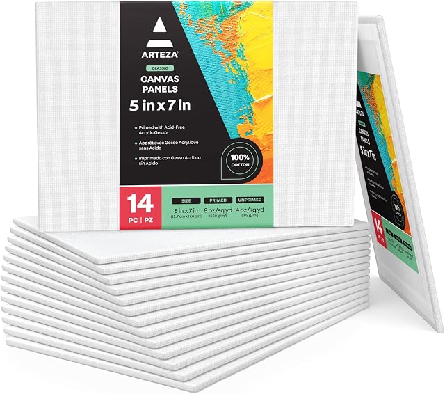 Arteza Canvas Board, Pack of 14, 12.7 x 17.8 cm, 8-oz Gesso Primed 100% Cotton Canvas Panels, White Canvases for Acrylic Painting and Pouring