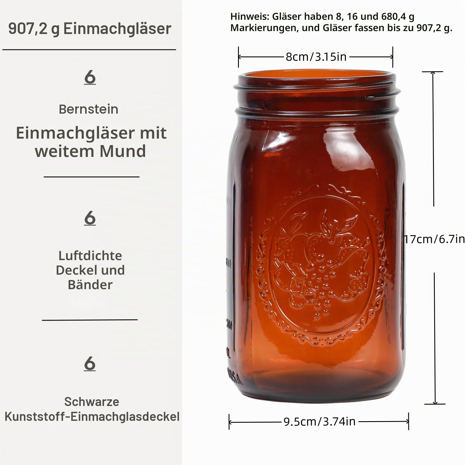 Jumterlee 6er-Pack Bernsteinfarbene Einmachgläser mit breiter Öffnung, 900 ml, BPA-frei, bleifrei, Einmachgläser mit Deckel und Bändern, geeignet für Einkochen, Einlegen, Saft, Marmelade