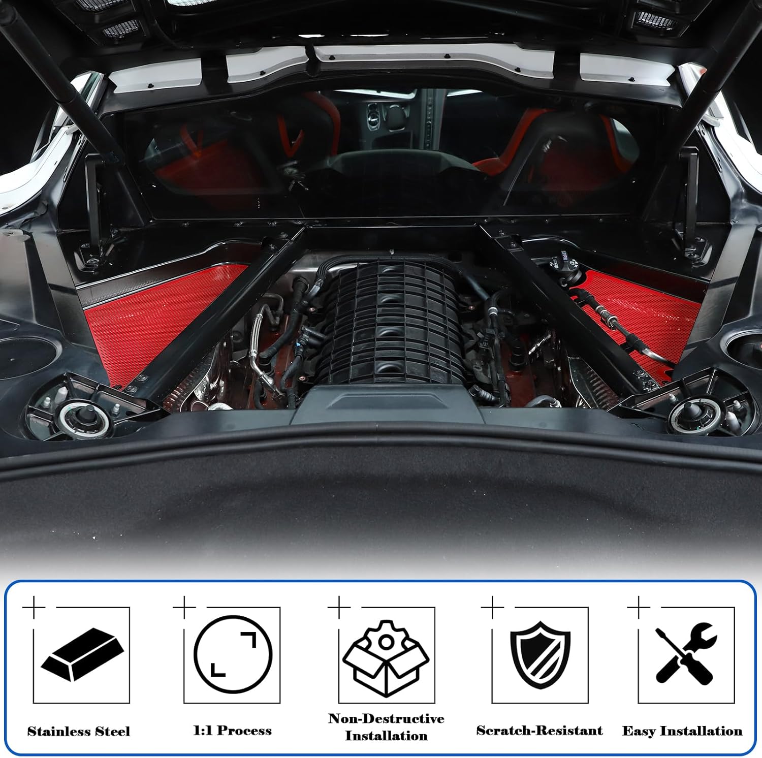 Engine Bay Panel Cover Compatible with Chevrolet Corvette C8 2020-2024, Auto Engine Protector Splash Shield, Engine Compartment Left Right Engine Case Guard, 2PCS (Red)