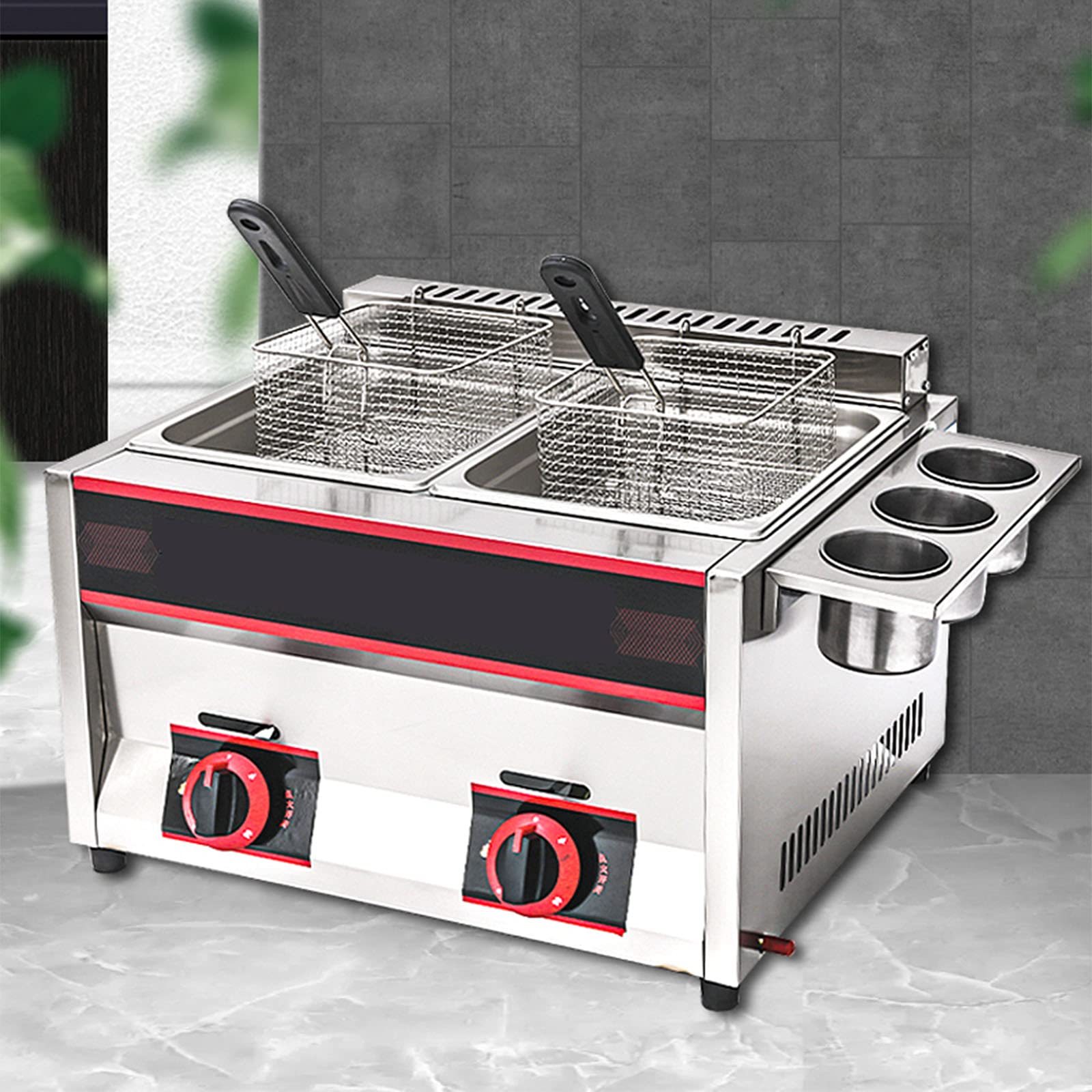 Friggitrice a gas di grande capacità da 22 litri, friggitrice a gas GPL per uso domestico commerciale, controllo della temperatura indipendente, potenza di fuoco regolabile, con cestelli e coperchio