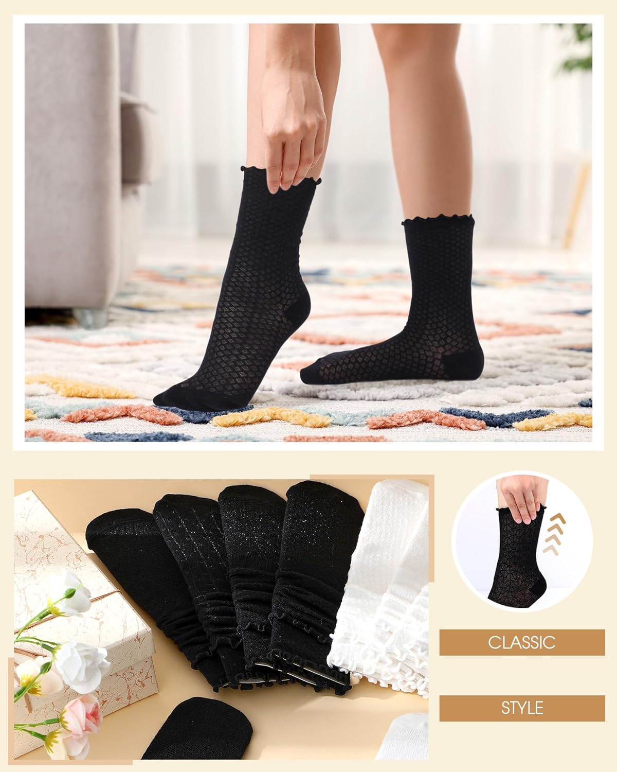 12 Pairs Women's Ruffle Socks Lace Cotton Frilly Ankle Socks for Women White and Black Mesh Casual Crew Sock Christmas Gift - Image 6