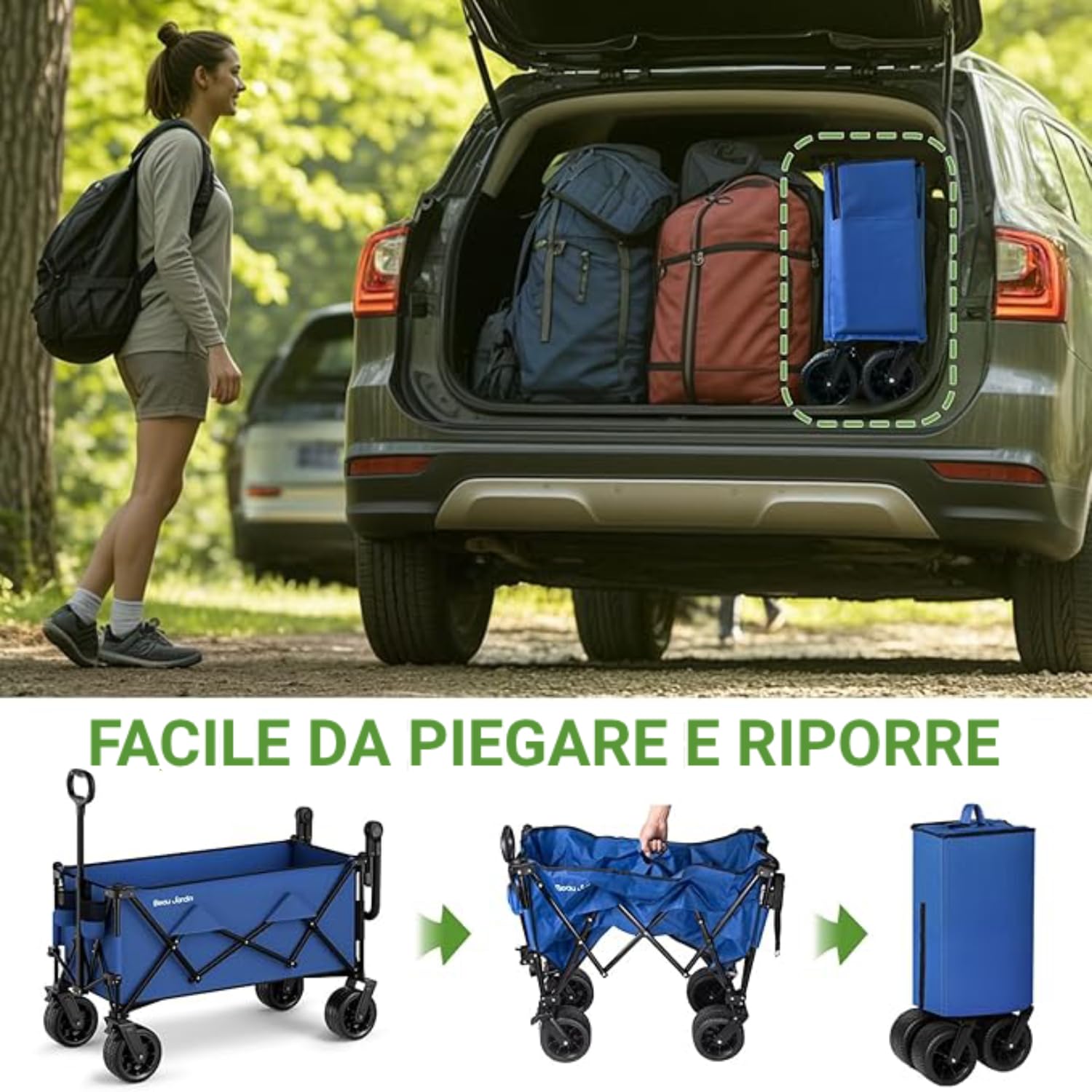 BEAU JARDIN Carrello Pieghevole Giardino Tela Vagoni Carrello da Trasporto con 4 Ruote e Freni in Acciaio Carrello Rimorchio a Mano da Trasporto Carico Massimo 100KG Blu Scuro