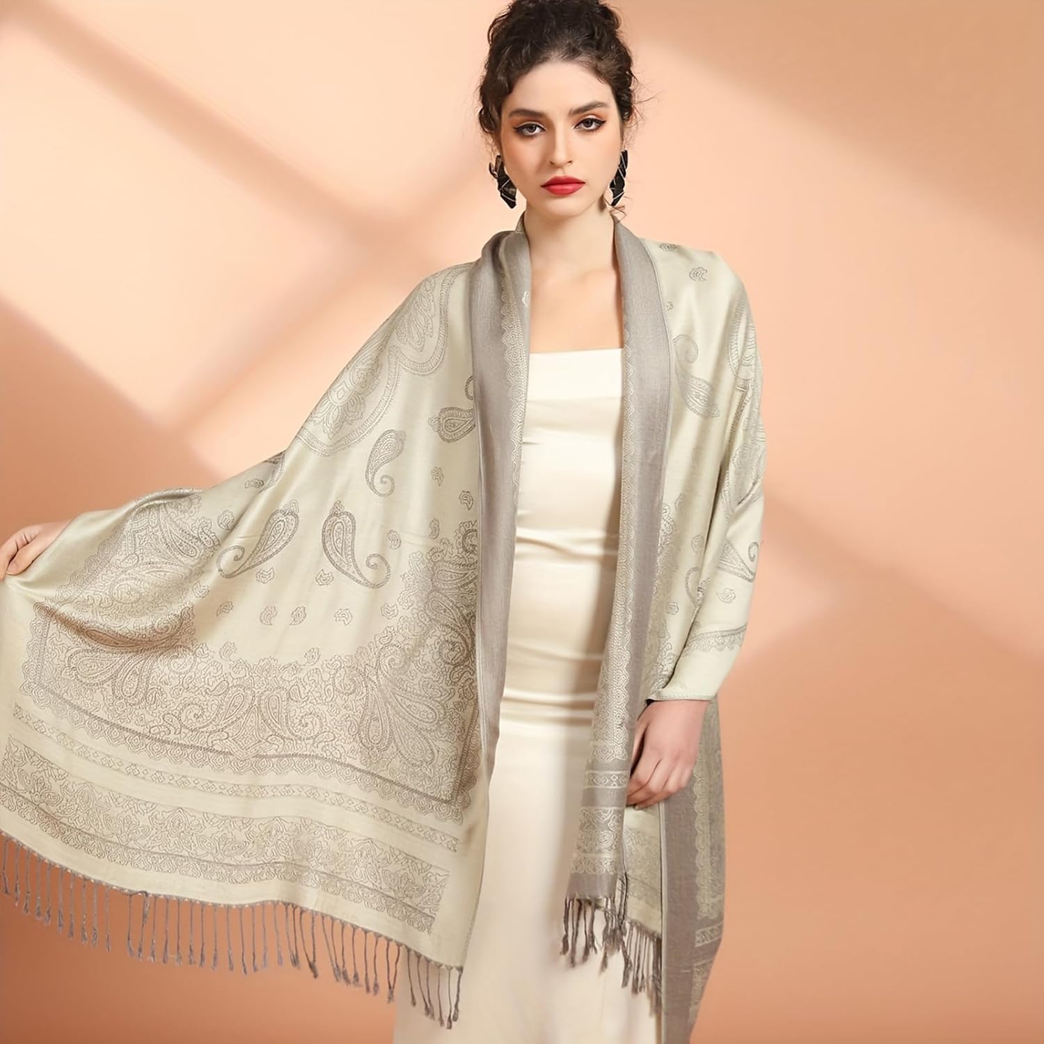 Ciormis Two Tone Silky Paisley Pashmina Shawl Scarf,Soft Women's Rave Jacquard Pashminas Wrap Scarves - Image 4