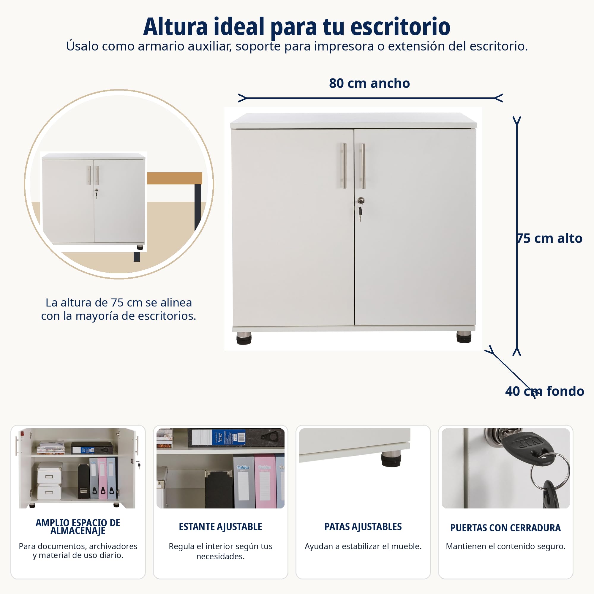 MMT Armario Blanco Para Oficina En Casa, Armario Multiusos Con Estanteria Con Puertas, Archivador De Documentos Con Bloqueo De Llave, 2 Estantes, 80x40cmx75 Centimetre, Madera Blanca