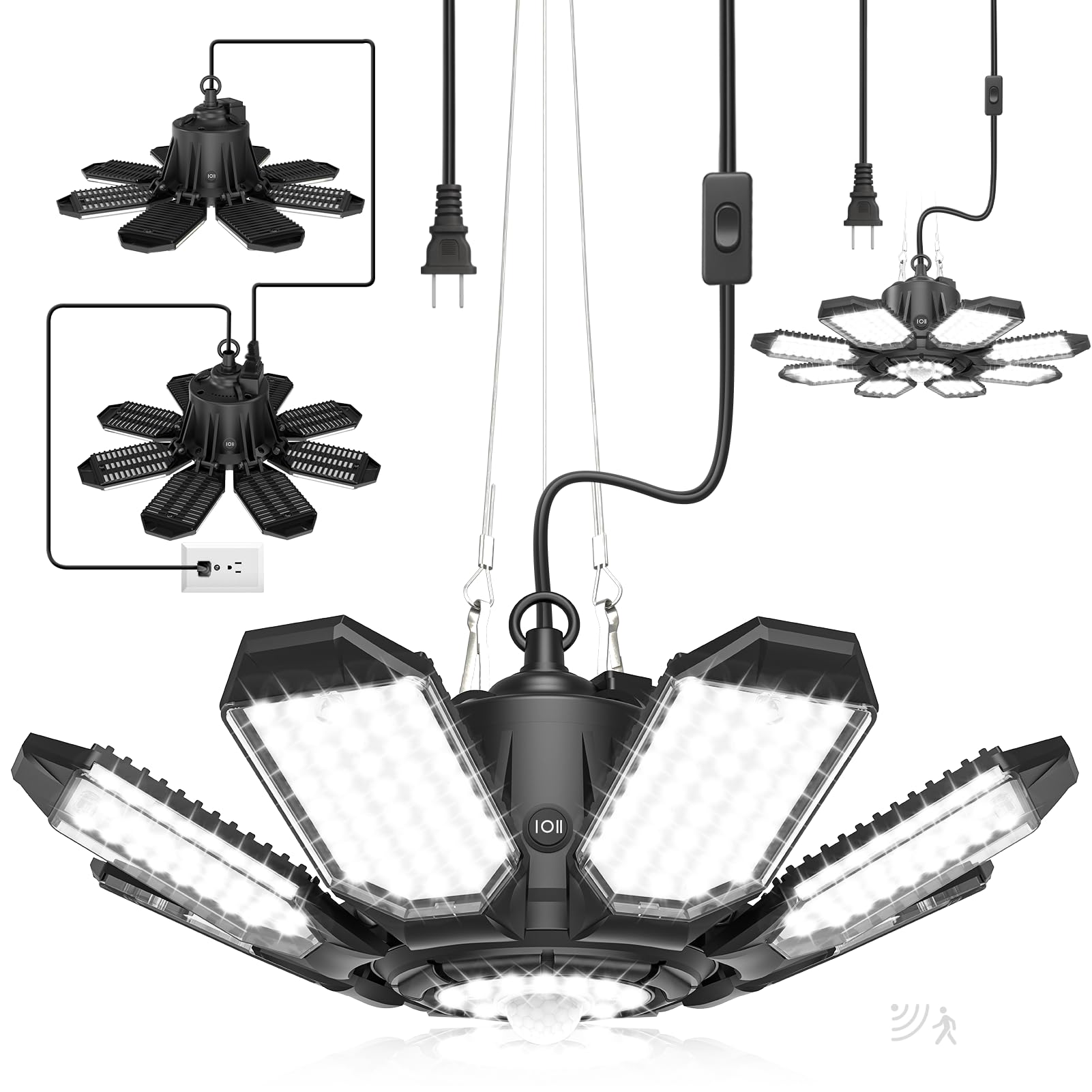 2 Pack Motion Sensor Garage Light Plug in - 25000LM Motion Sensor Shop Light with 8 1 LED