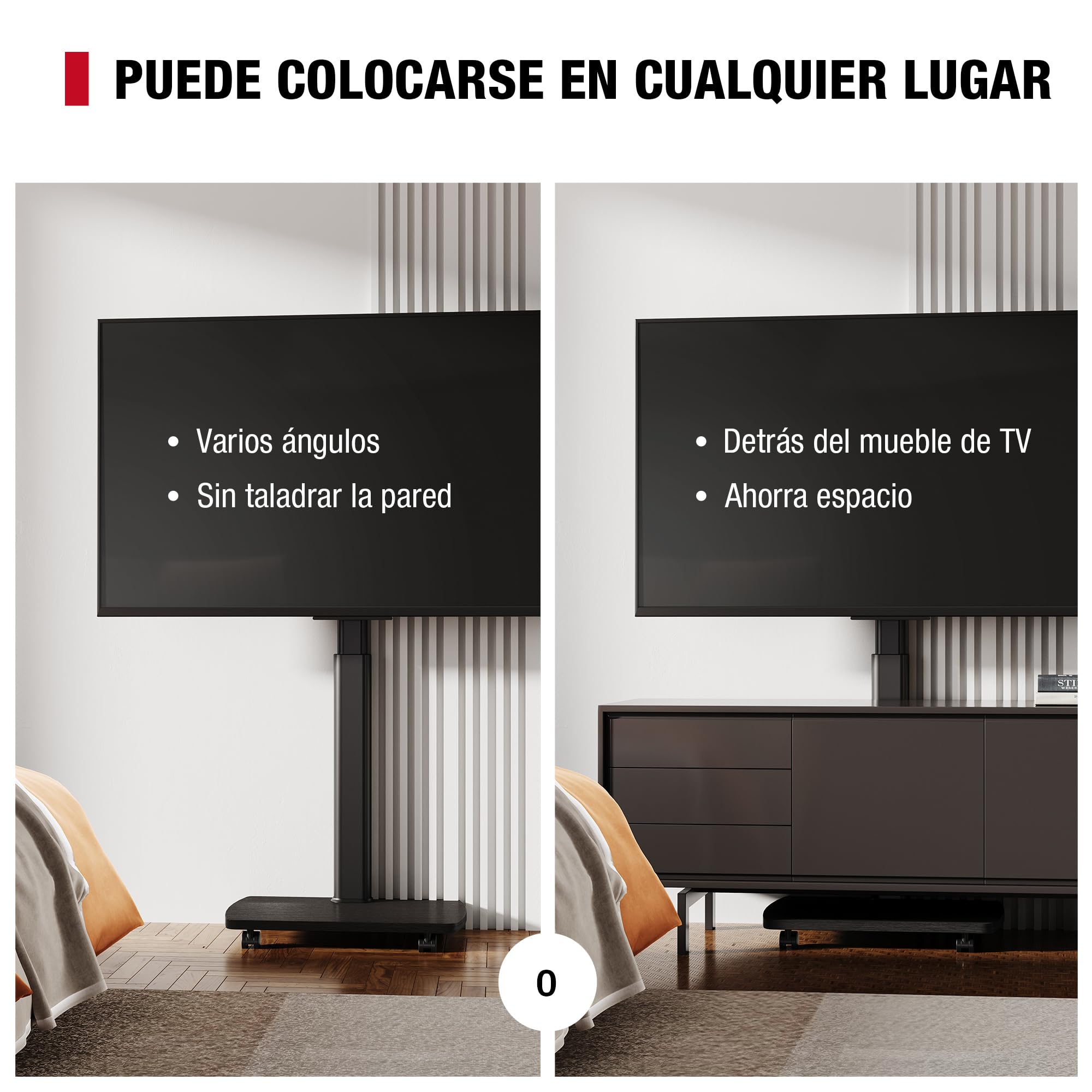 AOKCOS Soporte de TV enrollable con estante de madera, soporte de televisión con ruedas para televisores planos y curvos de hasta 35 kg, giratorio 90°, altura ajustable, máx. VESA 400 x 400 mm (negro)