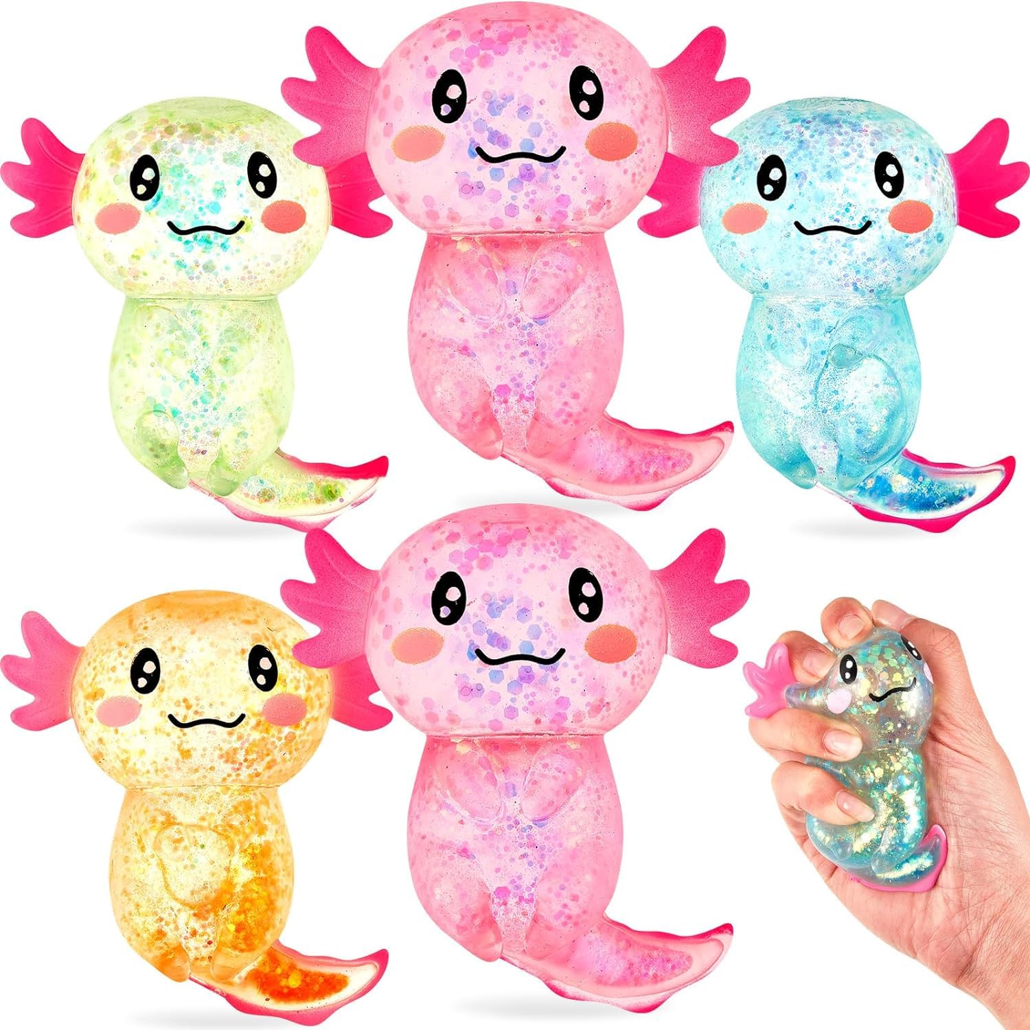 6 Pcs Sensory Fidget Stress Relief Toy ,3.94 x 3.15 Inches Cute Malt Sugar Filled Stretchy Axolotl Fun Squeeze for Adults Soothing Birthday Party Gift, 4 Styles (Glitter)