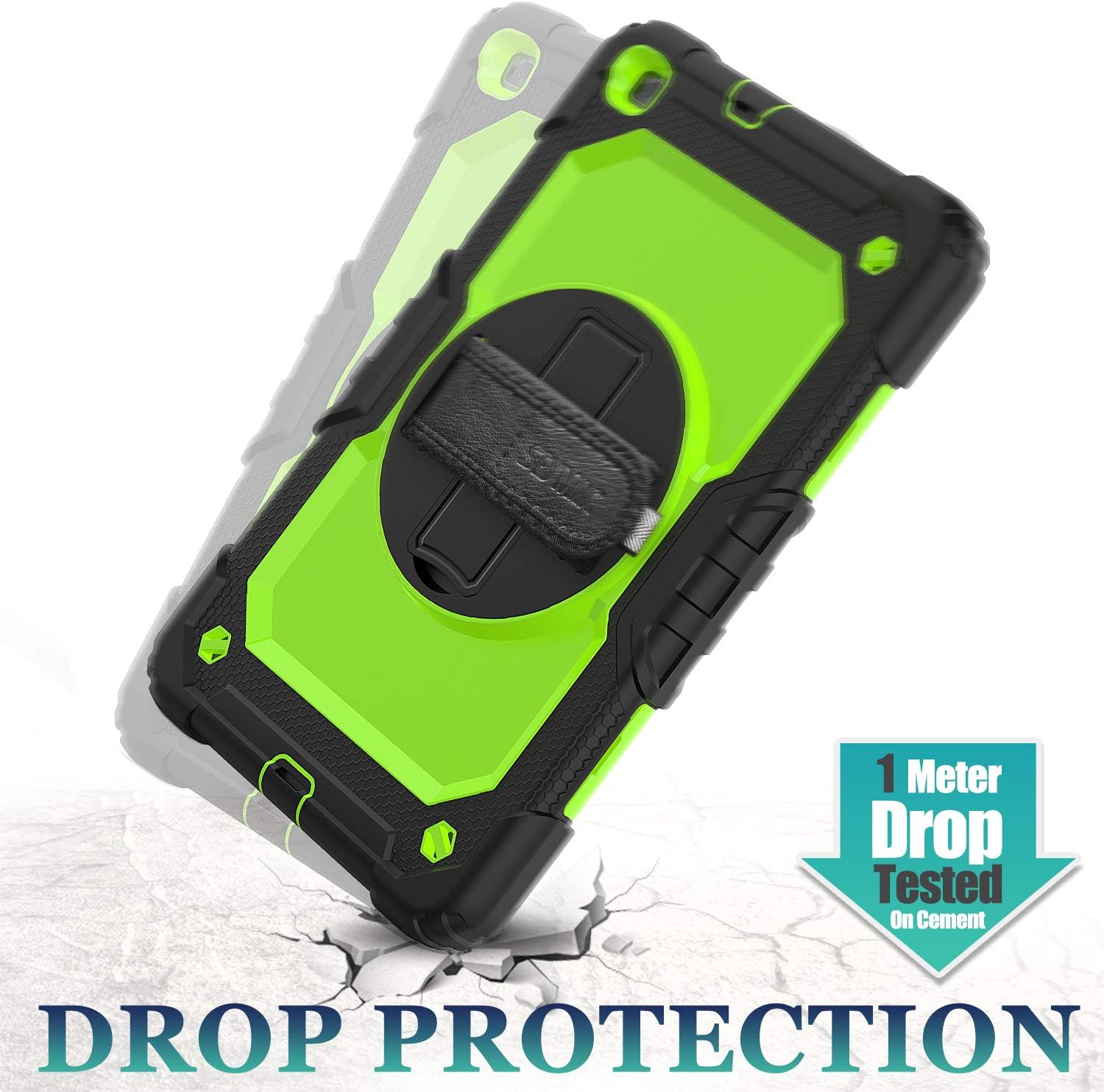 SEYMAC stock Samsung Galaxy Tab A 8.0 Case 2019 with Screen Protector Pencil Holder [360 Rotating Hand Strap &Stand], Drop-Proof Case for Samsung Galaxy Tab A 8.0 SM-T290/T295/T297 2019 (Green+Black)