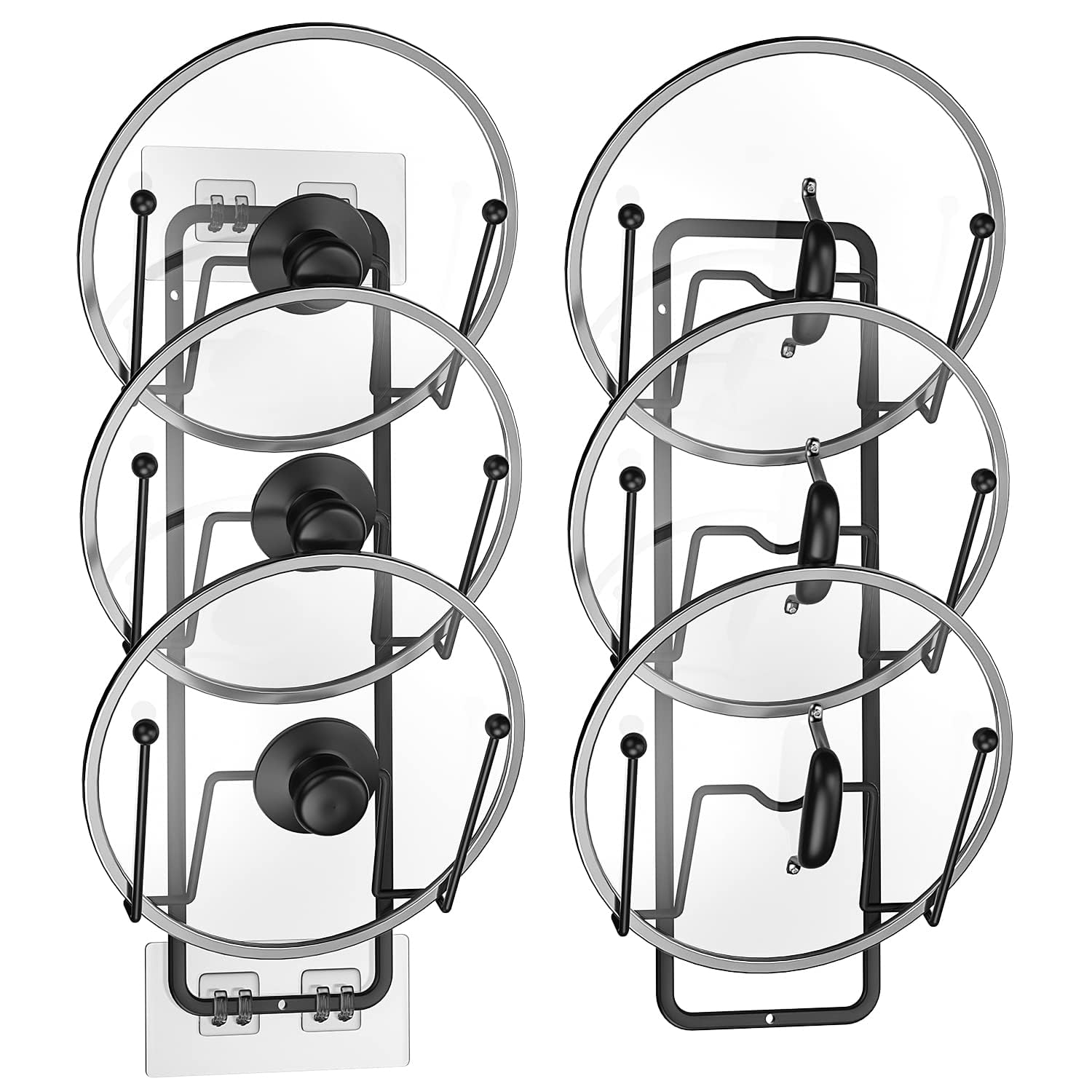 2 Pack Pot Lid Organizer Rack, 6 Tier Pot Lids Holder for Cabinet Door/Wall Mount, Reusable Pot Lid Rack Holder for Kitchen Storage with No Drilling Adhesive, Black