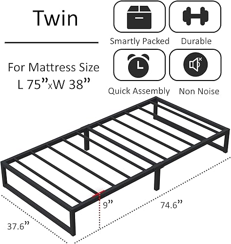 Miniatura 2 de Lutown-Teen Marco de cama individual de 9 pulgadas, marco de cama individual de metal resistente, no necesita somier, sin ruido, fácil montaje,