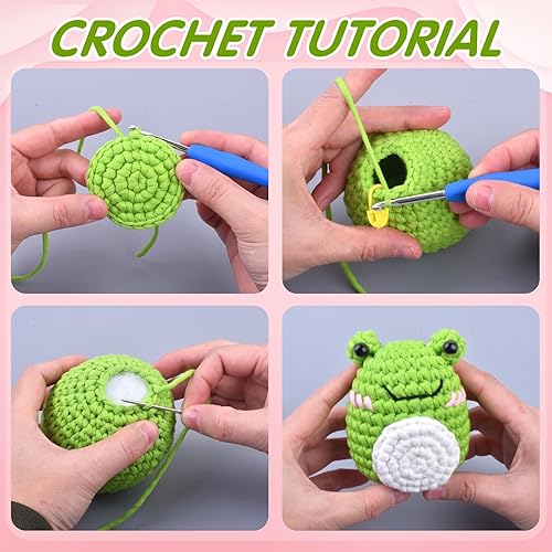 Miniatura 4 de Kit de ganchillo para principiantes, 2 piezas de rana linda, kit de aprendizaje a ganchillo con tutoriales en video paso a paso, juego de tejido