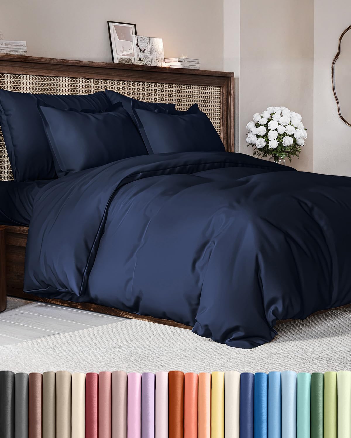 duvet cover queen size set - extra soft queen size duvet cover 90 x 90 with 2 pillow shams - hotel luxury easy care and fade free w/zipper closures & ties - comfy breathable bedding set (navy blue)