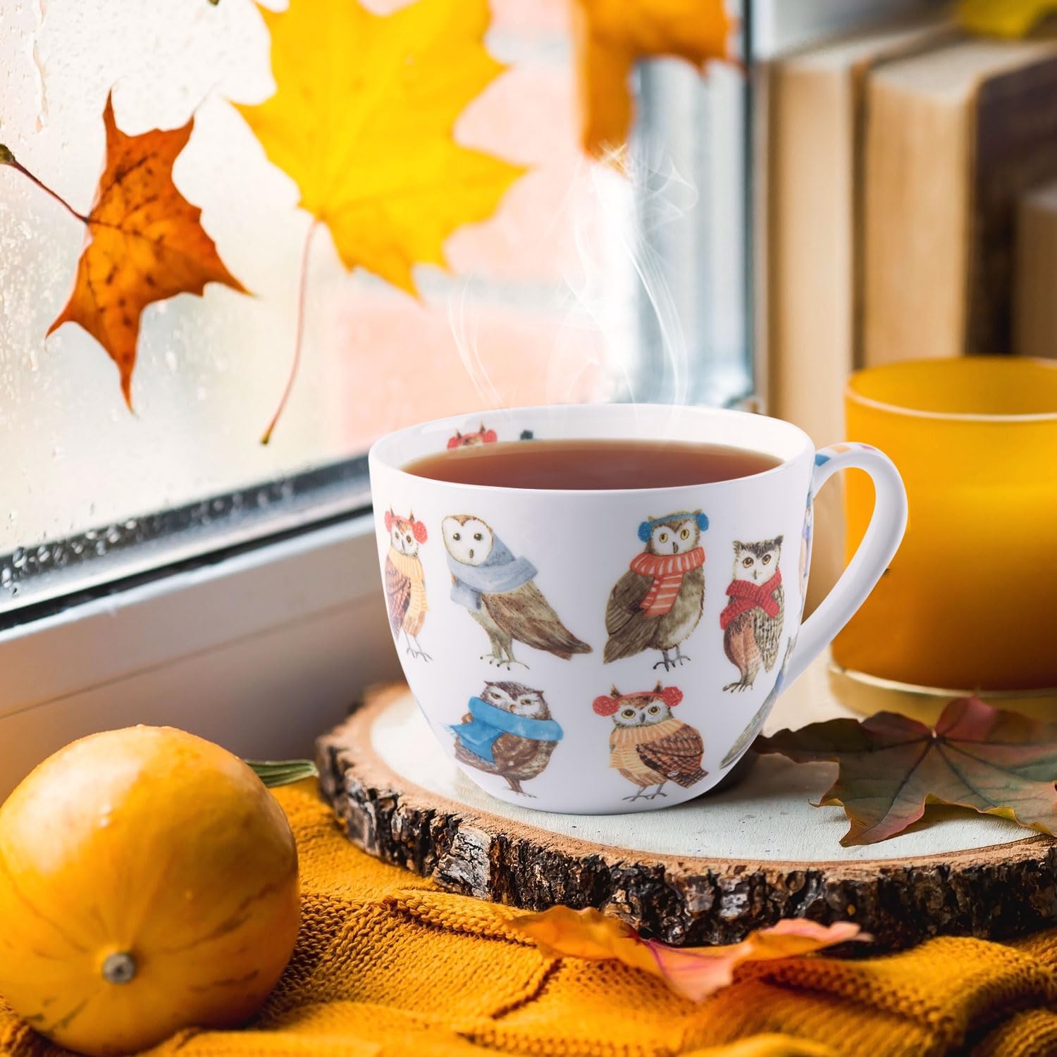 Cute Autumn Owls Coffee Mug, 20 oz Bone China Mugs with Charming Owls in Color Scarves and Hats, Perfect Brithday and Christmas Gift for Bird Enthusiasts, Designed in England by Harvest Green Studio - Image 5