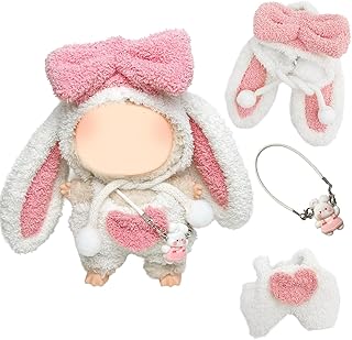Ropa para muñeco de Peluche de 17 cm, Mono de Conejito de 17 cm, Ropa para Mini muñeco de Peluche de 17 cm con Gorro de Conejito Blanco con Lazo, Mono Blanco y Bolsa de Conejito(muñeca no incluida)