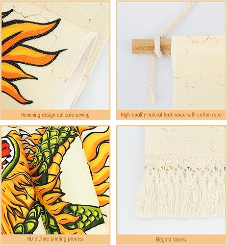 Miniatura 2 de Póster colgante de lienzo para pared, pintura de dragón chino, tinta y acuarela, tapiz de pared con efecto mitológico con 2 borlas y barra colgante