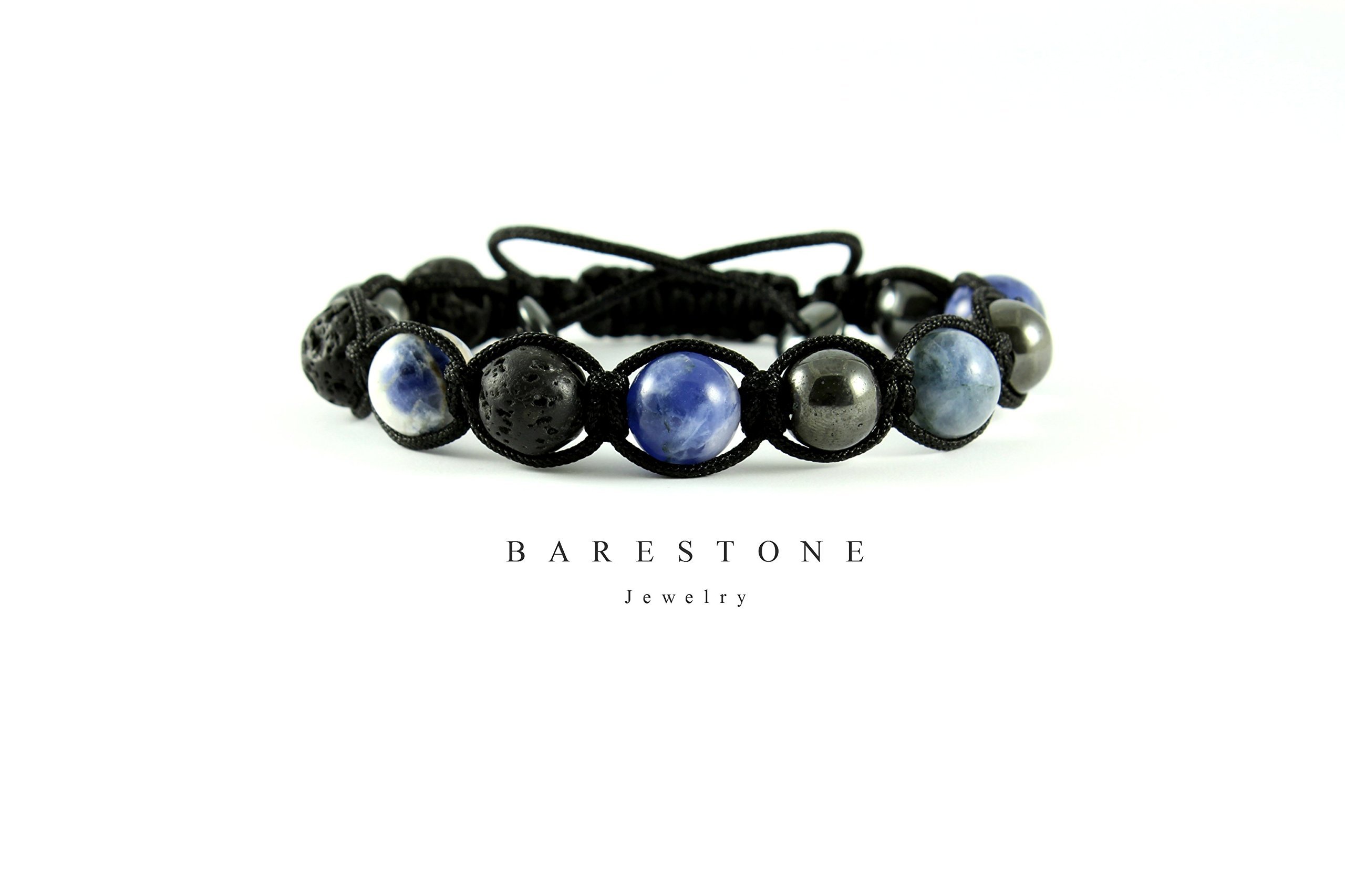 Adjustable Men's Shamballa Bracelet Black Lava Rock Natural Stones Genuine Blue Sodalite Nylon Cording 10mm Round Beads Handmade Barestone Macramé Homme Man's